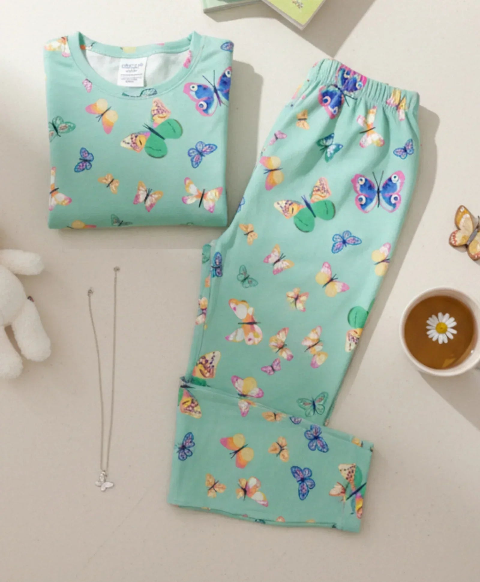 BUTTERFLY GREEN LONG SLEEVES PYJAMA SET - GREEN