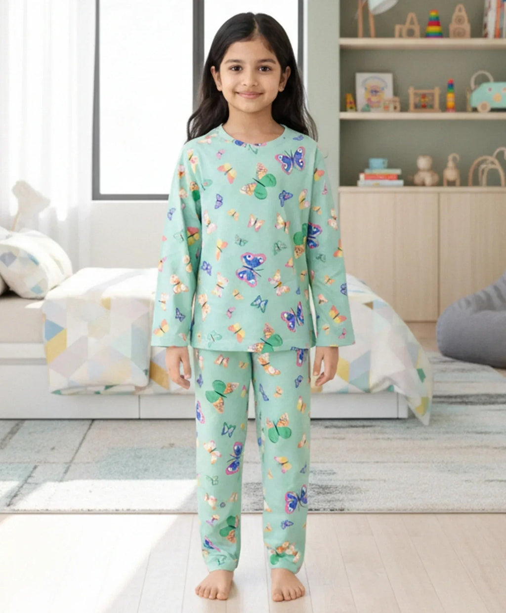 BUTTERFLY GREEN LONG SLEEVES PYJAMA SET - GREEN