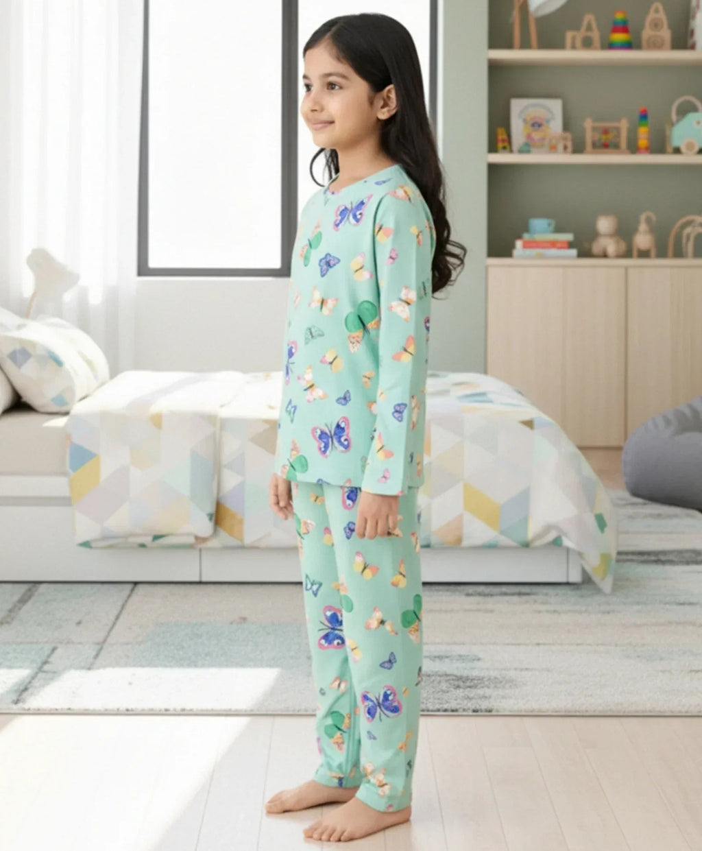 BUTTERFLY GREEN LONG SLEEVES PYJAMA SET - GREEN