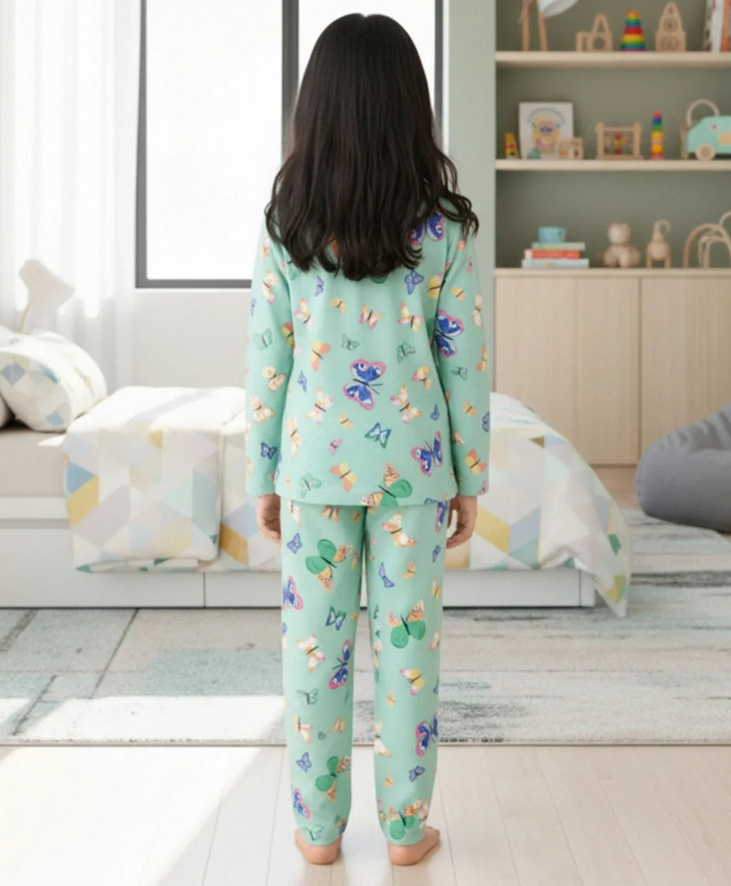 BUTTERFLY GREEN LONG SLEEVES PYJAMA SET - GREEN