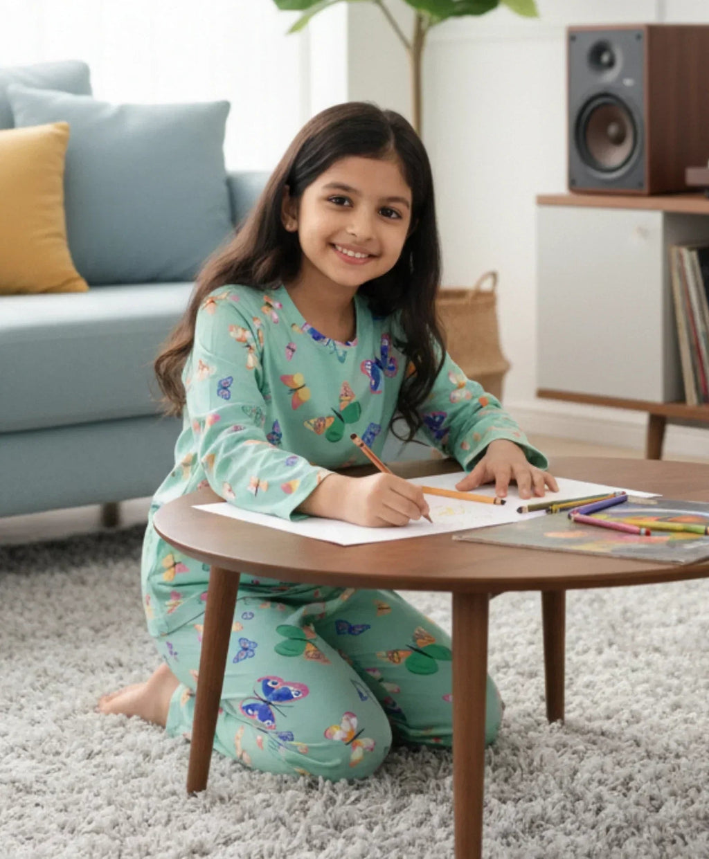 BUTTERFLY GREEN LONG SLEEVES PYJAMA SET - GREEN