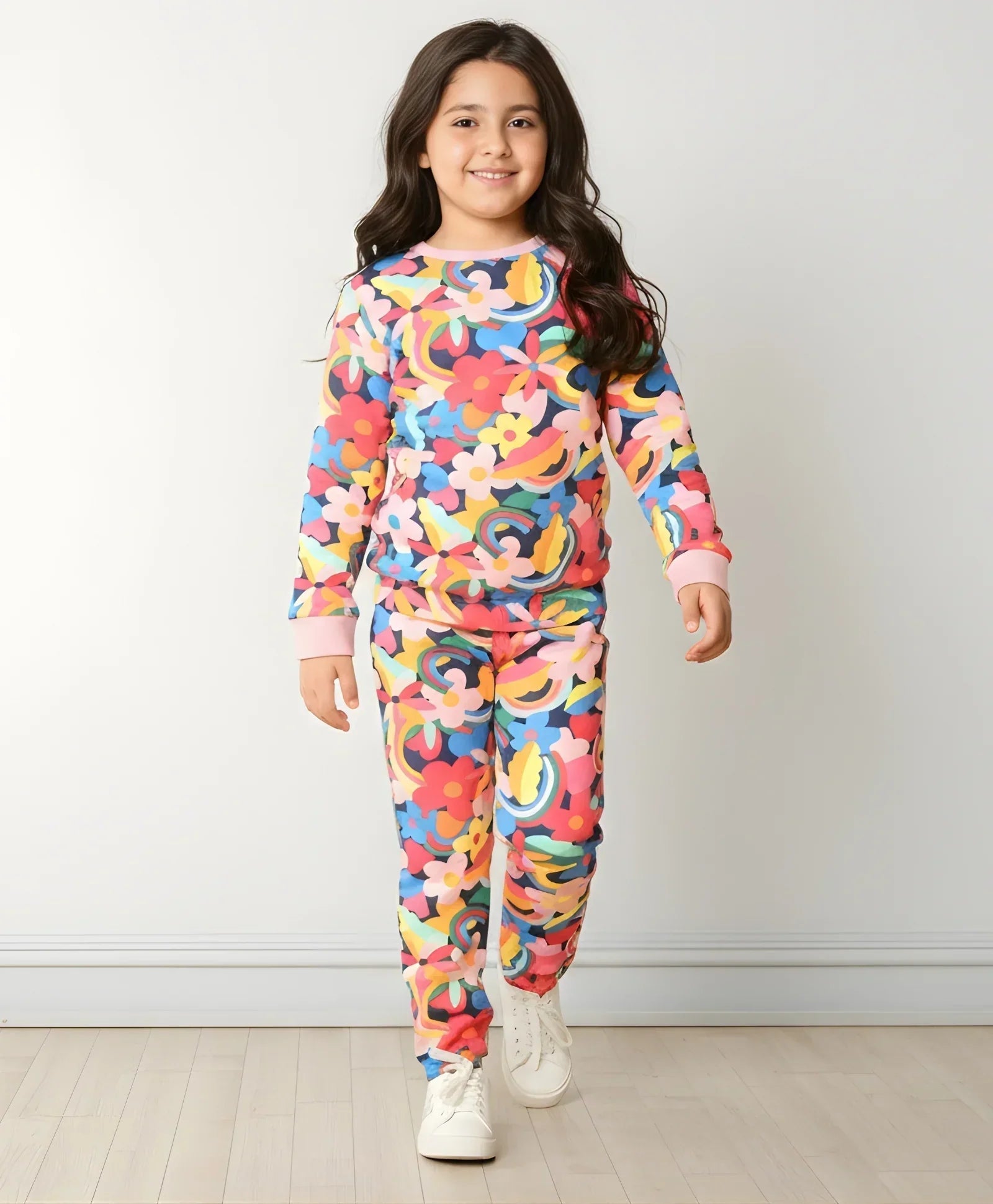 FUN FLORAL FLEECE SWEATSHIRT JOGGER SET - PINK