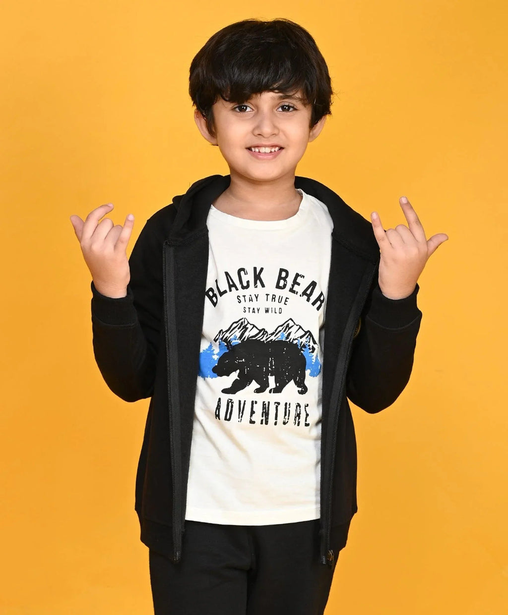BLACK SPORTY BOYS FLEECE ZIPPER HOODIE - BLACK