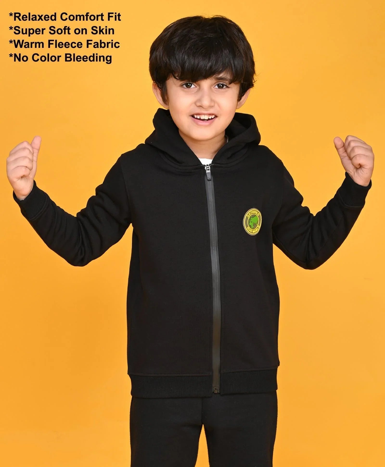 BLACK SPORTY BOYS FLEECE ZIPPER HOODIE - BLACK