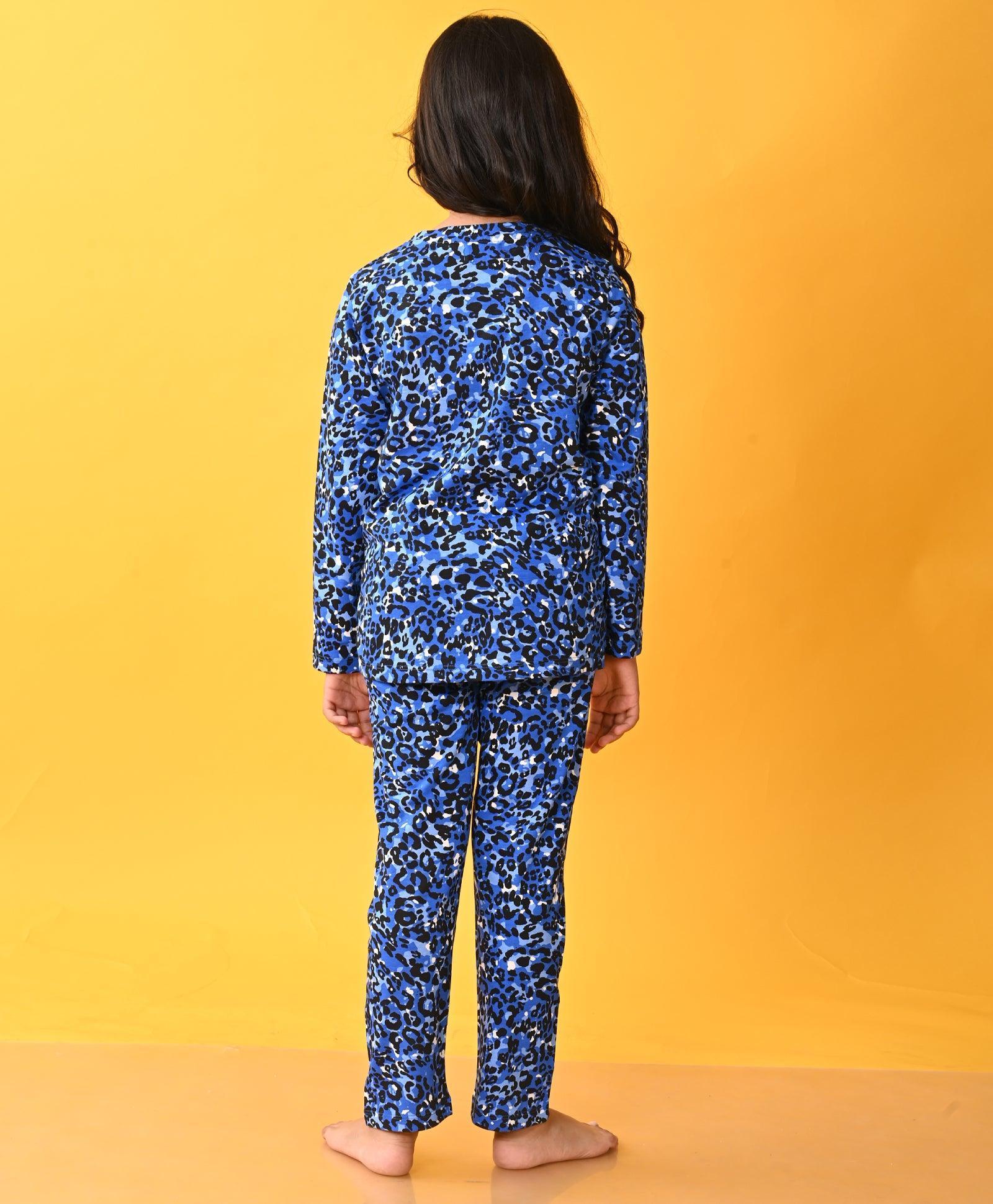 LEOPARD BLUE GIRLS LONG SLEEVE PYJAMA SET - BLUE