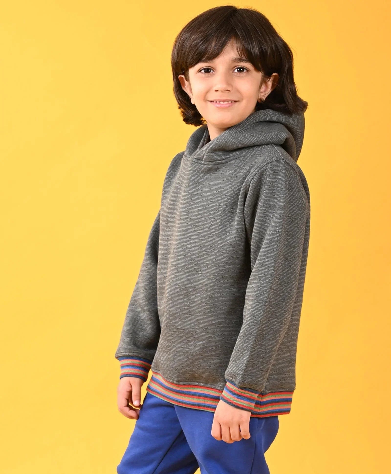 DARK GREY MELANGE FLEECE MULTICOLOR RIB HOODIE - GREY