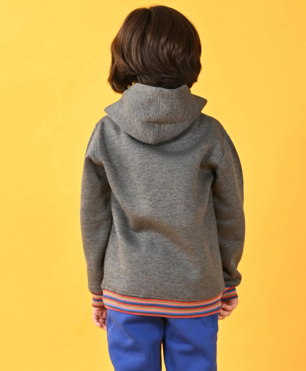 DARK GREY MELANGE FLEECE MULTICOLOR RIB HOODIE - GREY