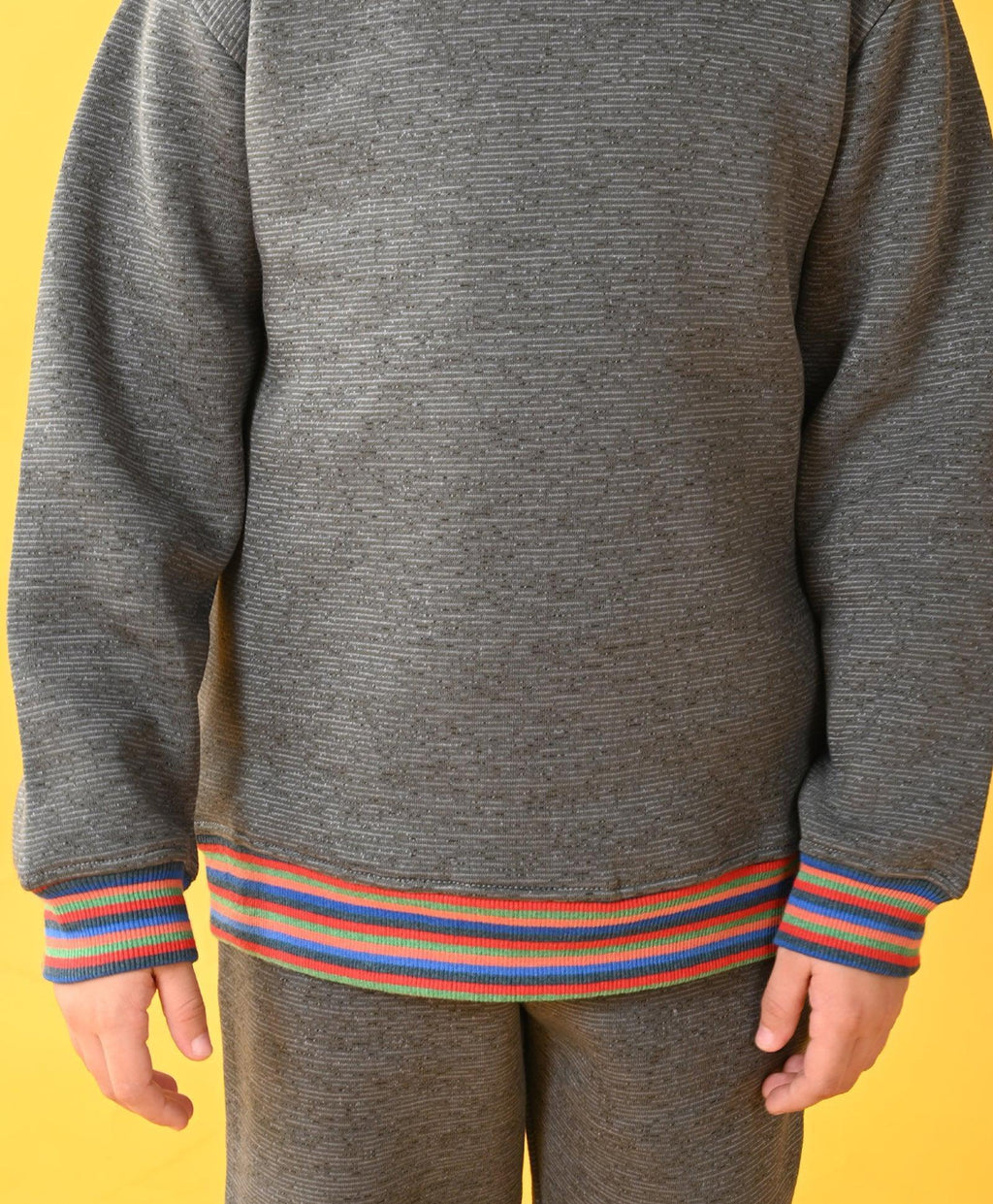 DARK GREY MELANGE FLEECE MULTICOLOR RIB HOODIE - GREY