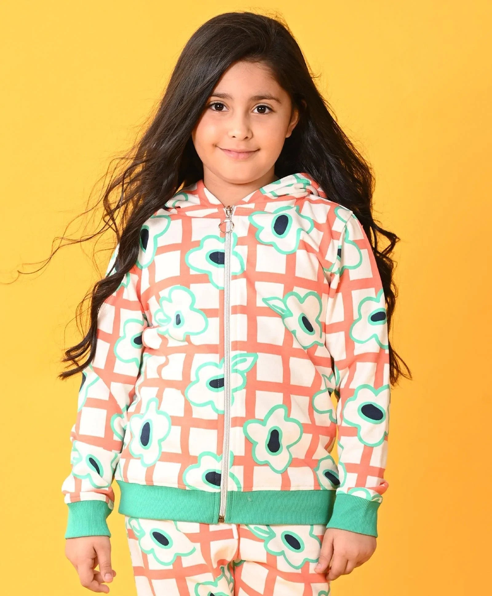 FLORAL CHECK FLEECE GIRLS ZIPPER HOODIE - WHITE
