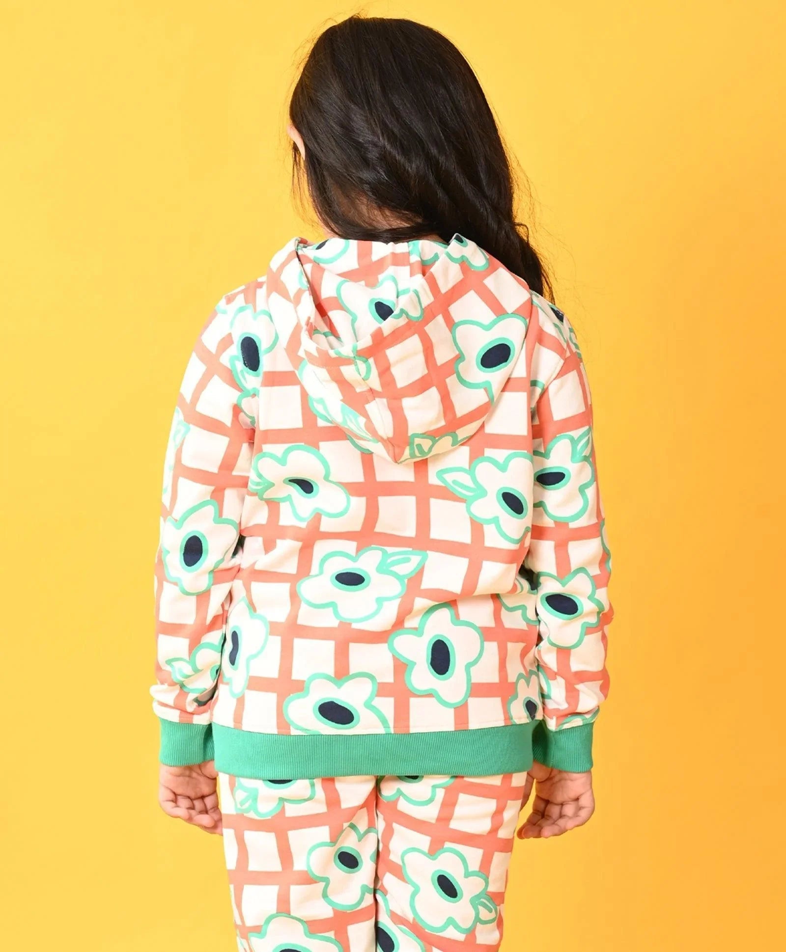 FLORAL CHECK FLEECE GIRLS ZIPPER HOODIE - WHITE