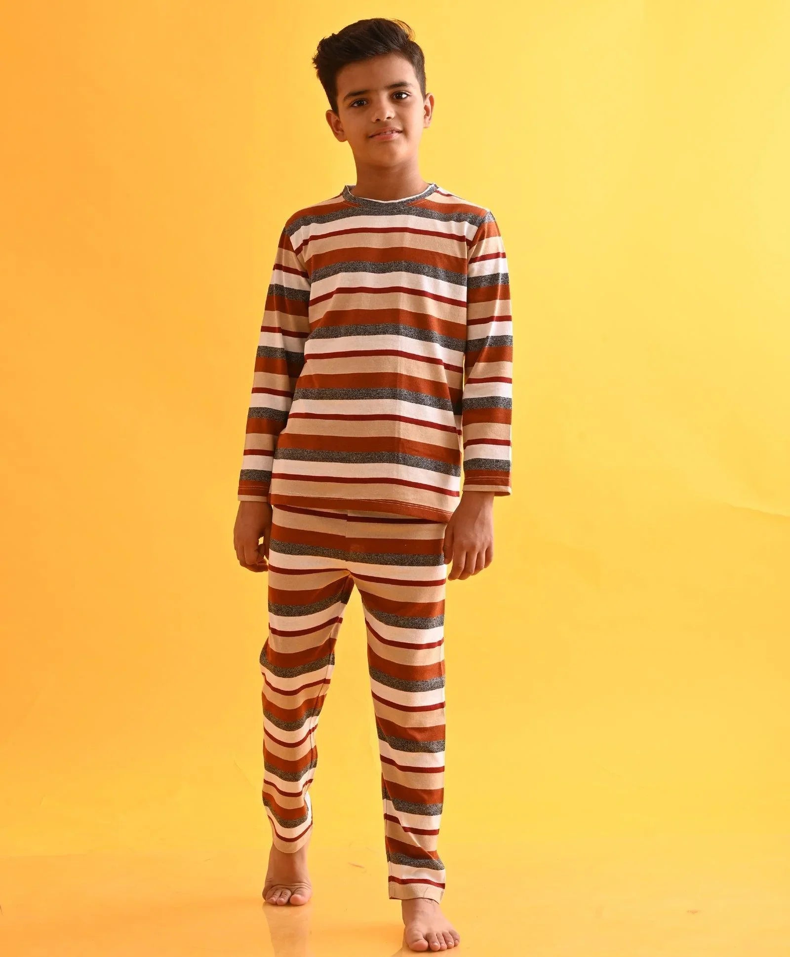 GRINDLE BEIGE STRIPED BOYS LONG SLEEVES PYJAMA SET