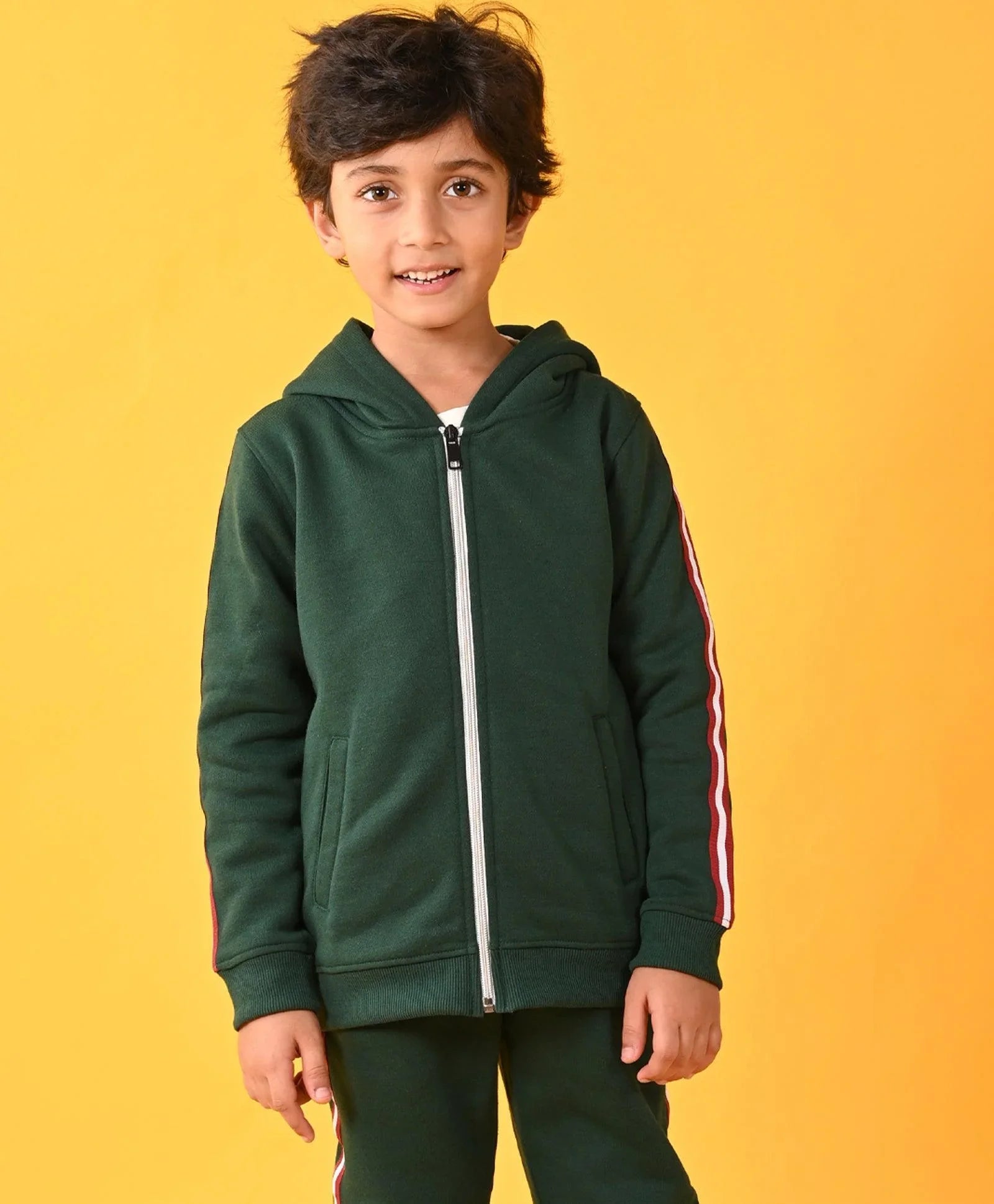 GREEN SIDE TAPE BOYS FLEECE ZIPPER HOODIE - GREEN