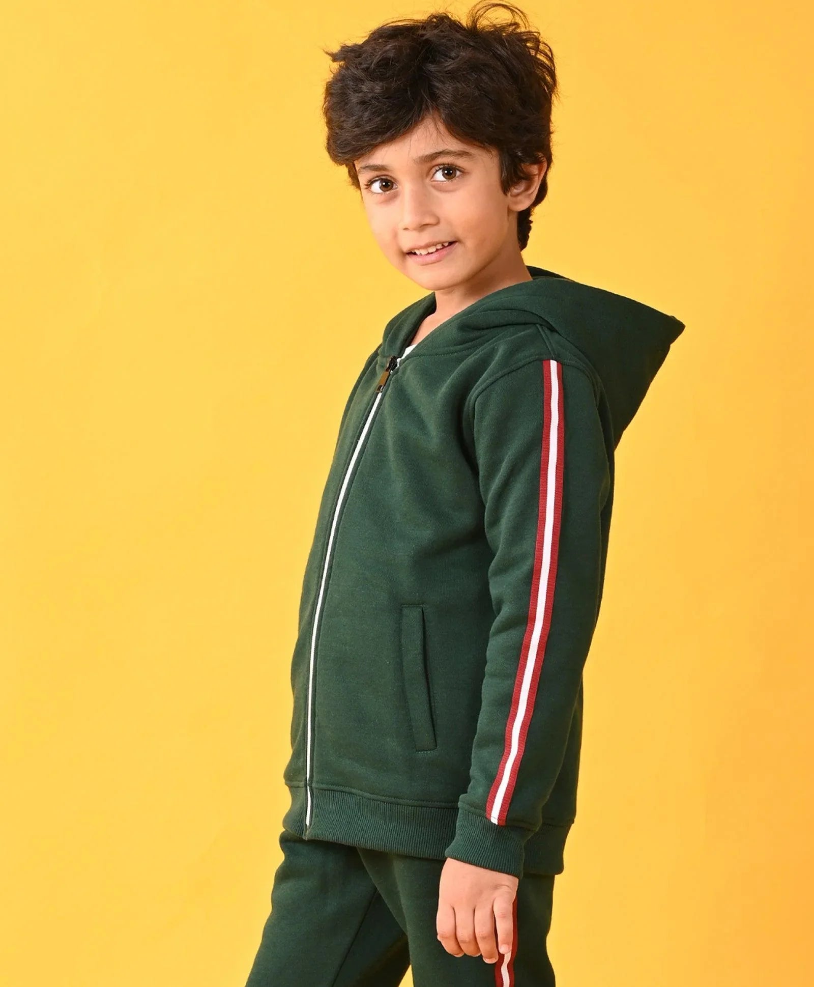 GREEN SIDE TAPE BOYS FLEECE ZIPPER HOODIE - GREEN