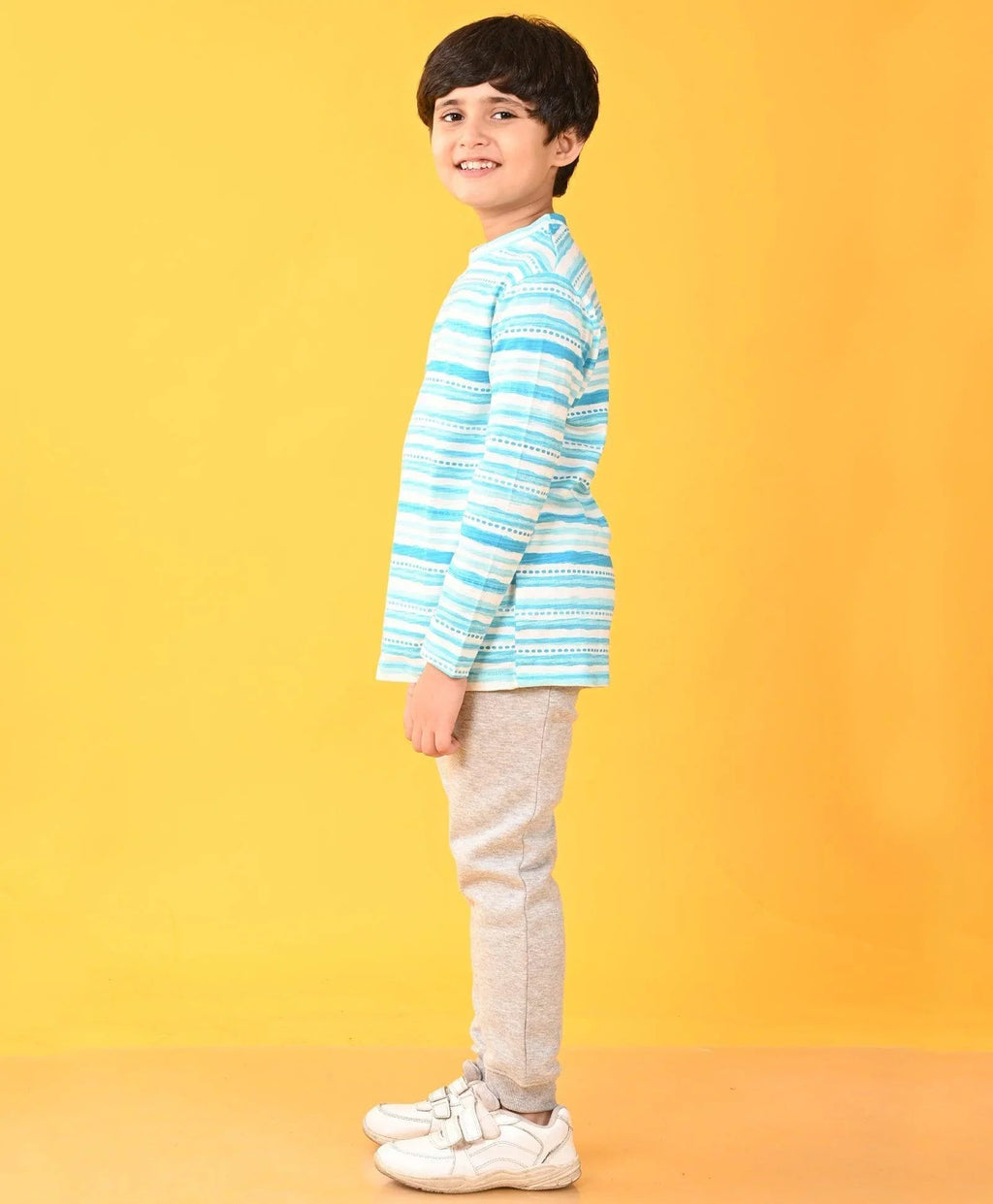 BLUE DOTTED STRIPE T-SHIRT GREY FLEECE JOGGER SET - BLUE / GREY