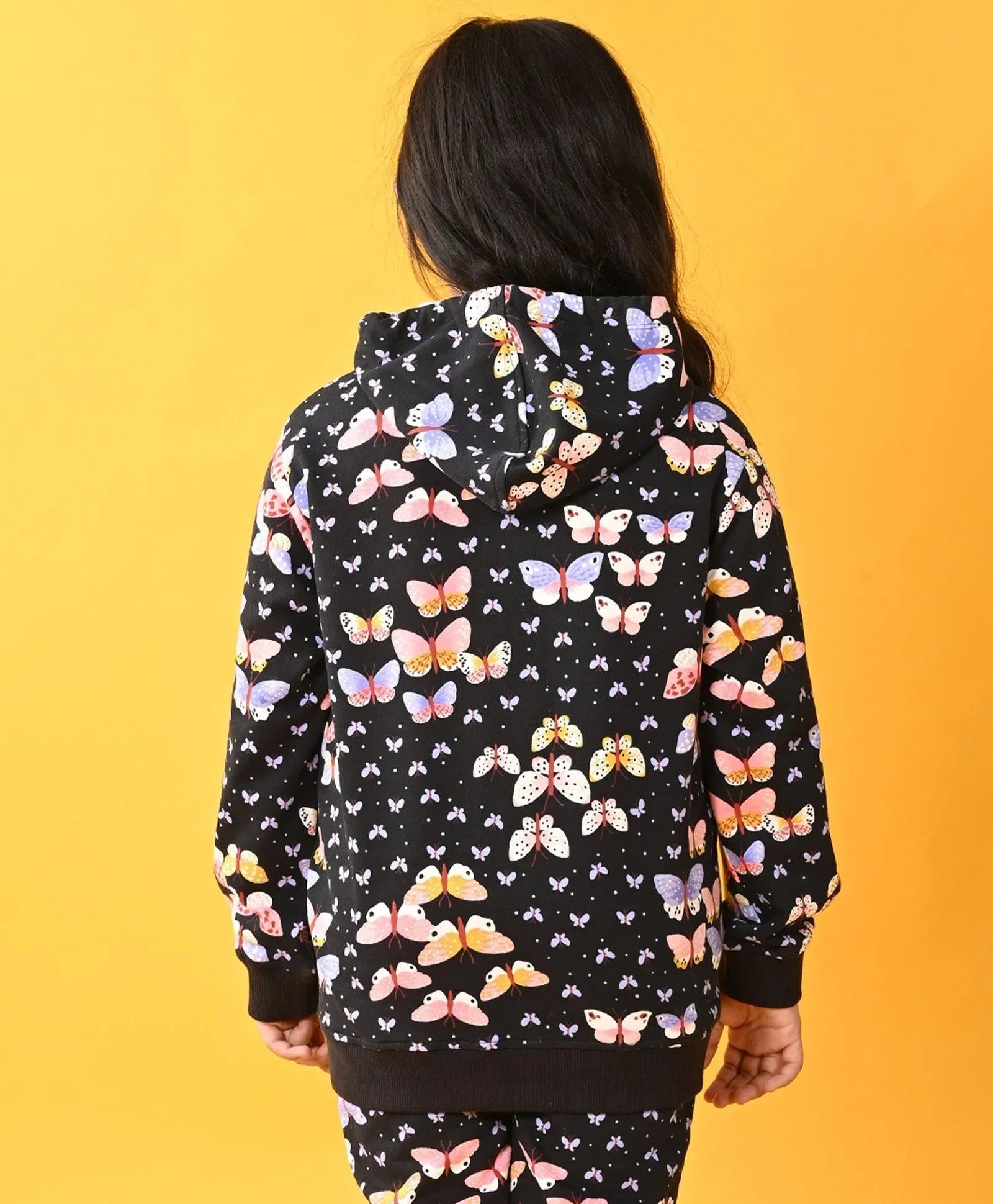 BUTTERFLY BLACK FLEECE ZIPPER HOODIE - BLACK