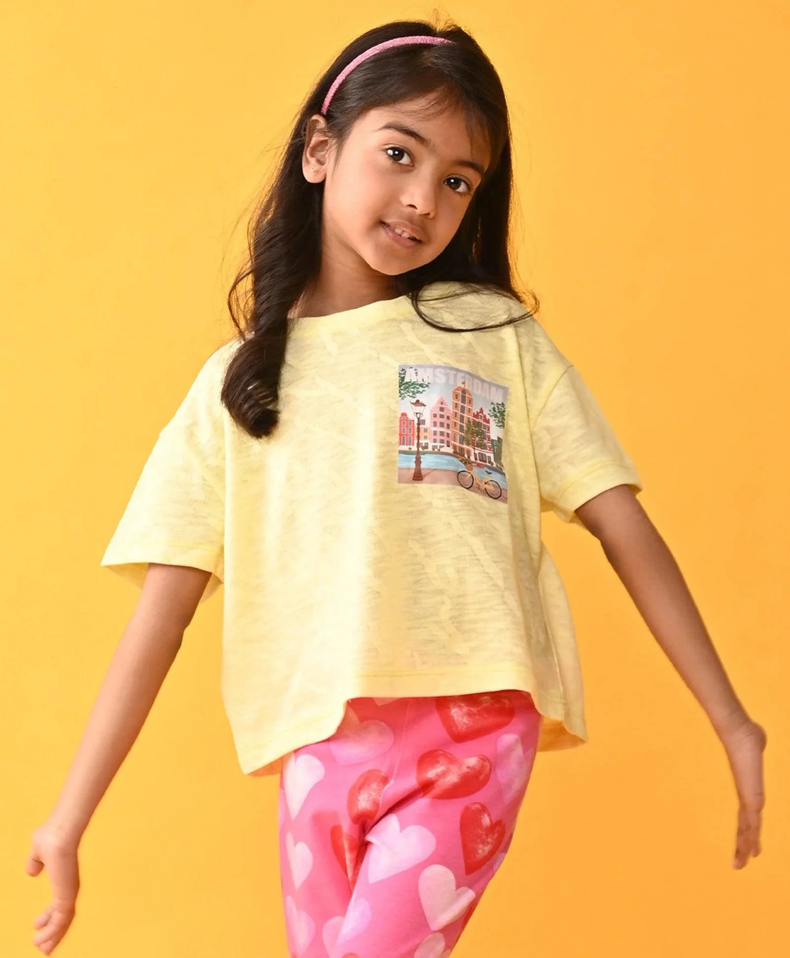 AMSTERDAM YELLOW JACQUARD SUMMER GIRLS T-SHIRT - YELLOW