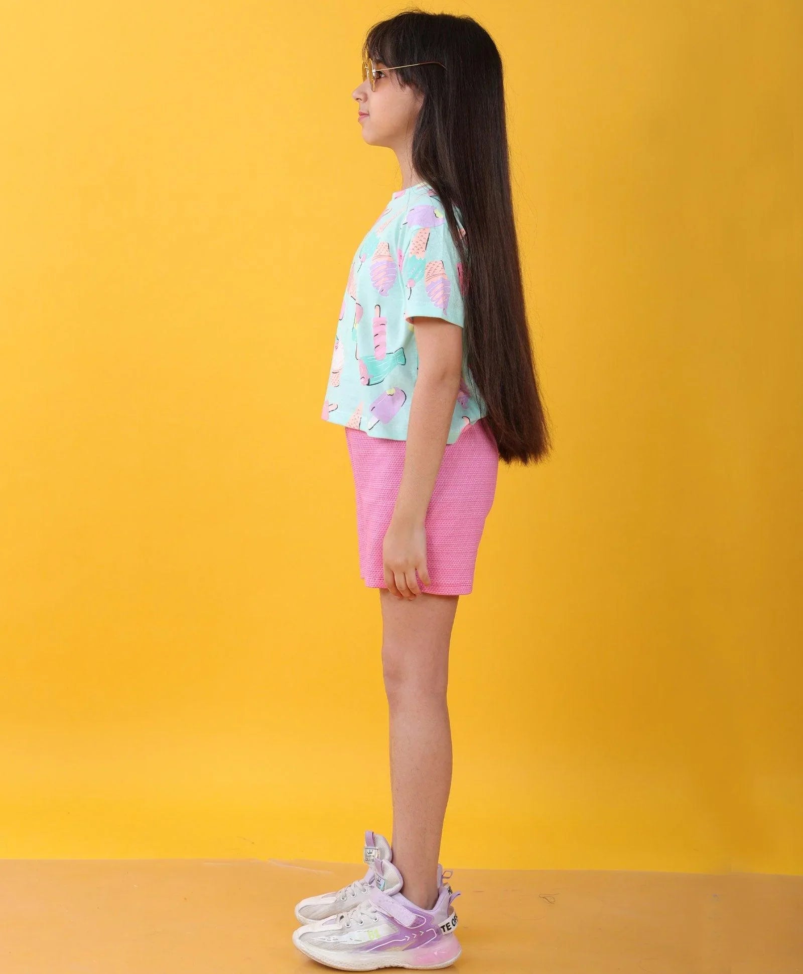 ICECREAM PINK POPCORN GIRLS SHORTS SET  - AQUA/PINK