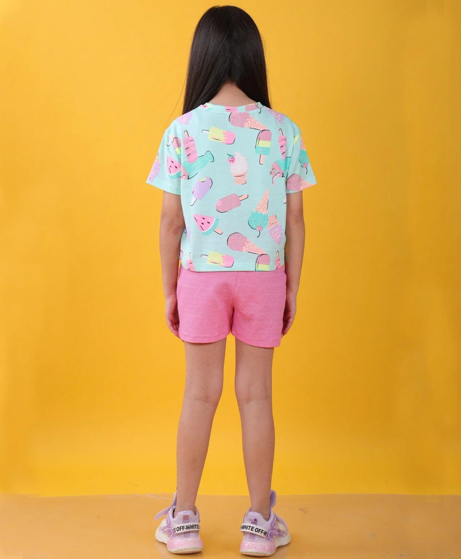 ICECREAM PINK POPCORN GIRLS SHORTS SET  - AQUA/PINK