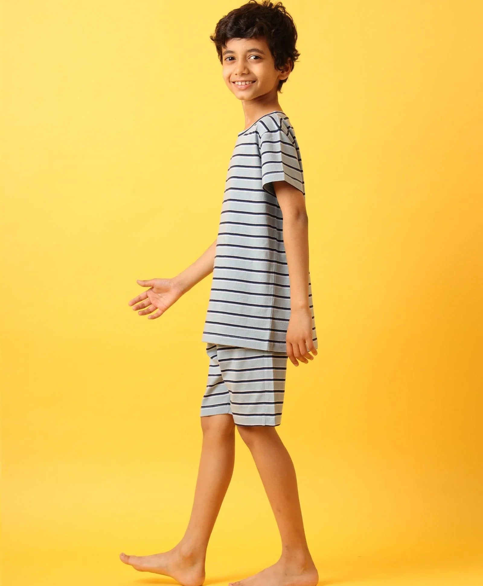 BLUE  WHITE NAVY STRIPE SLEEPWEAR SHORT SET-BLUE