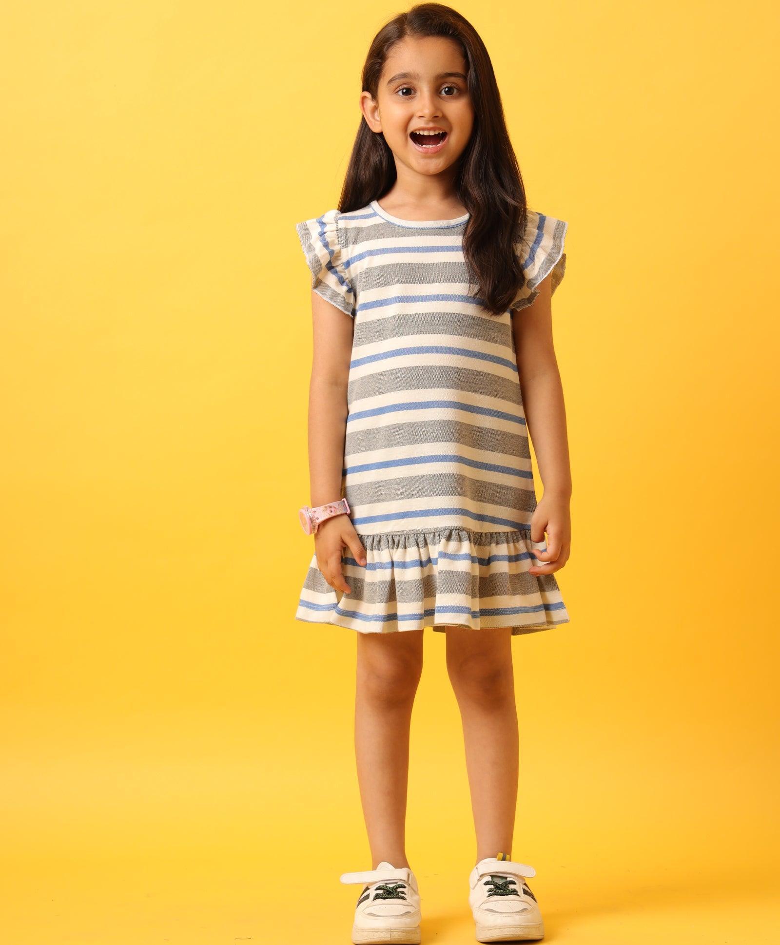 GREY WHITE STRIPED RUFFLE DRESS-GREY