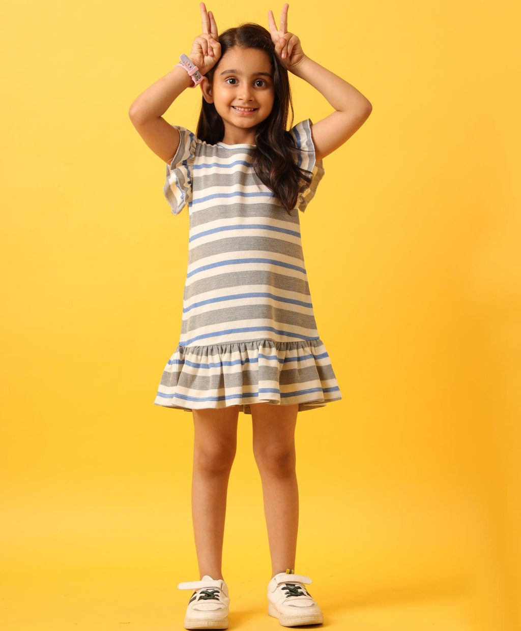 GREY WHITE STRIPED RUFFLE DRESS-GREY