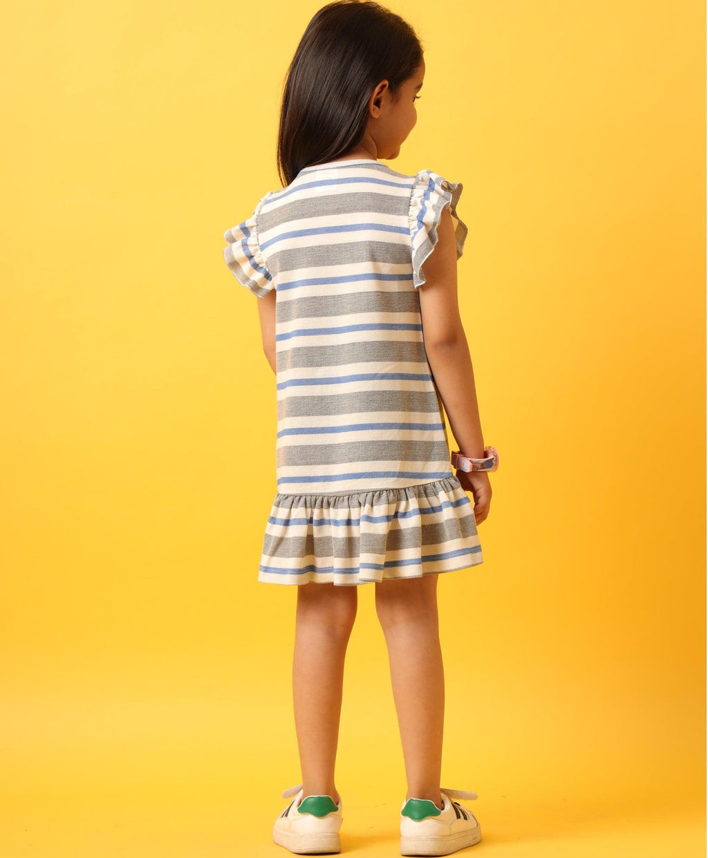 GREY WHITE STRIPED RUFFLE DRESS-GREY
