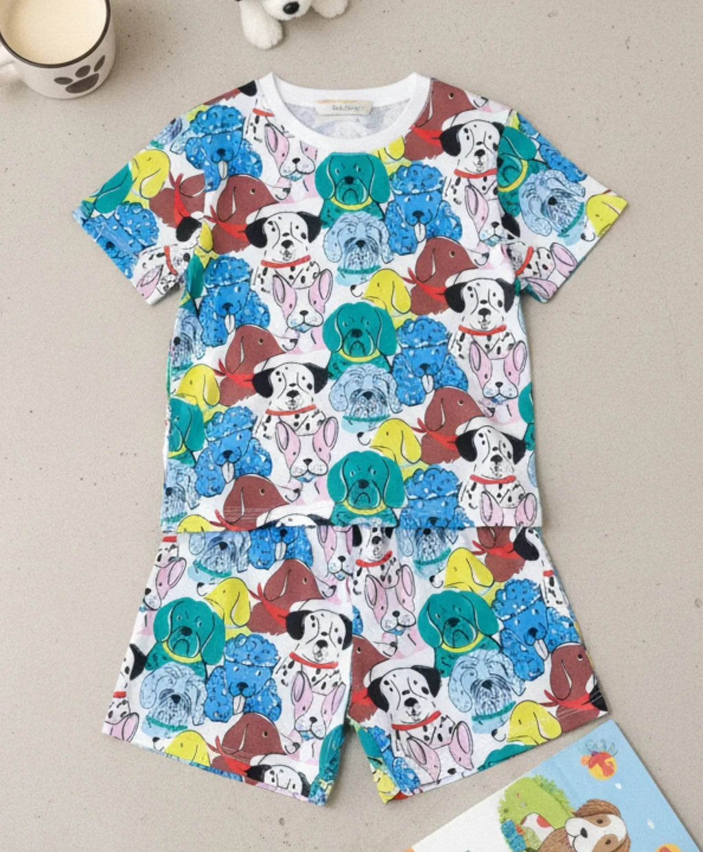 DOGS PRINT GIRLS SLEEPWEAR SHORT SET - WHITE