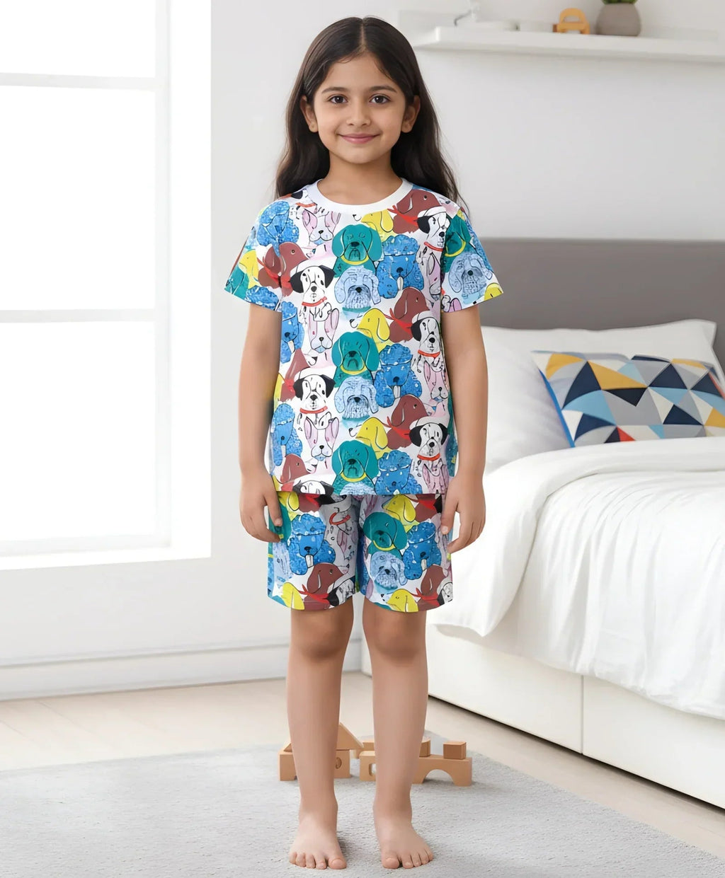 DOGS PRINT GIRLS SLEEPWEAR SHORT SET - WHITE