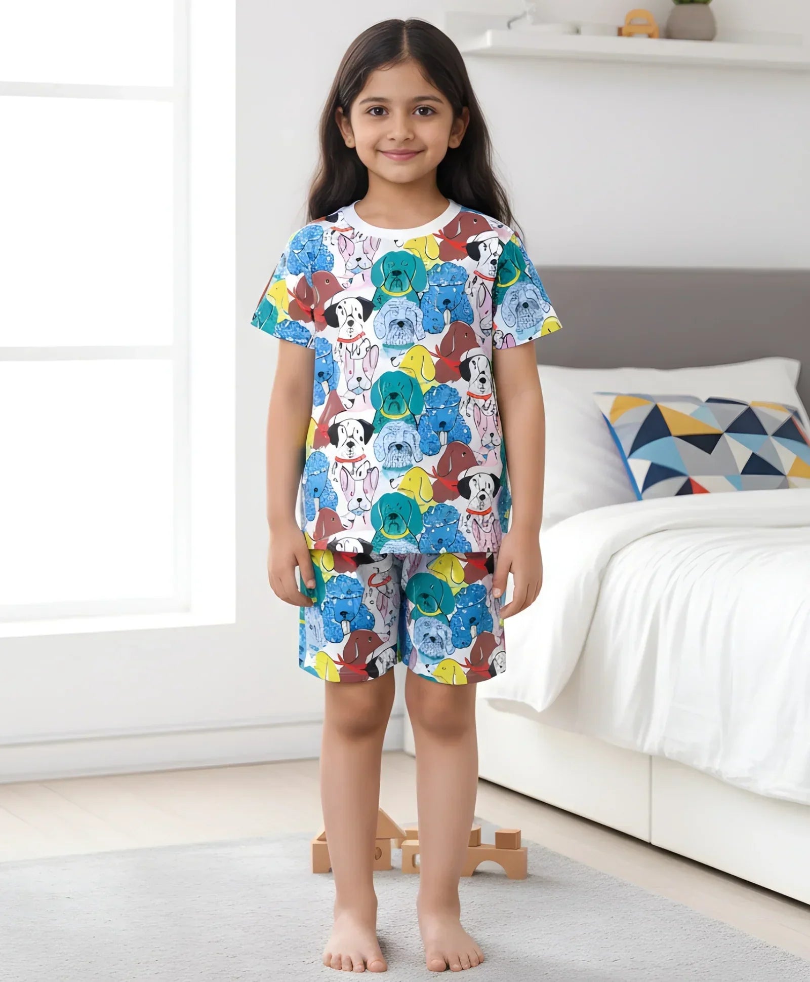 DOGS PRINT GIRLS SLEEPWEAR SHORT SET - WHITE