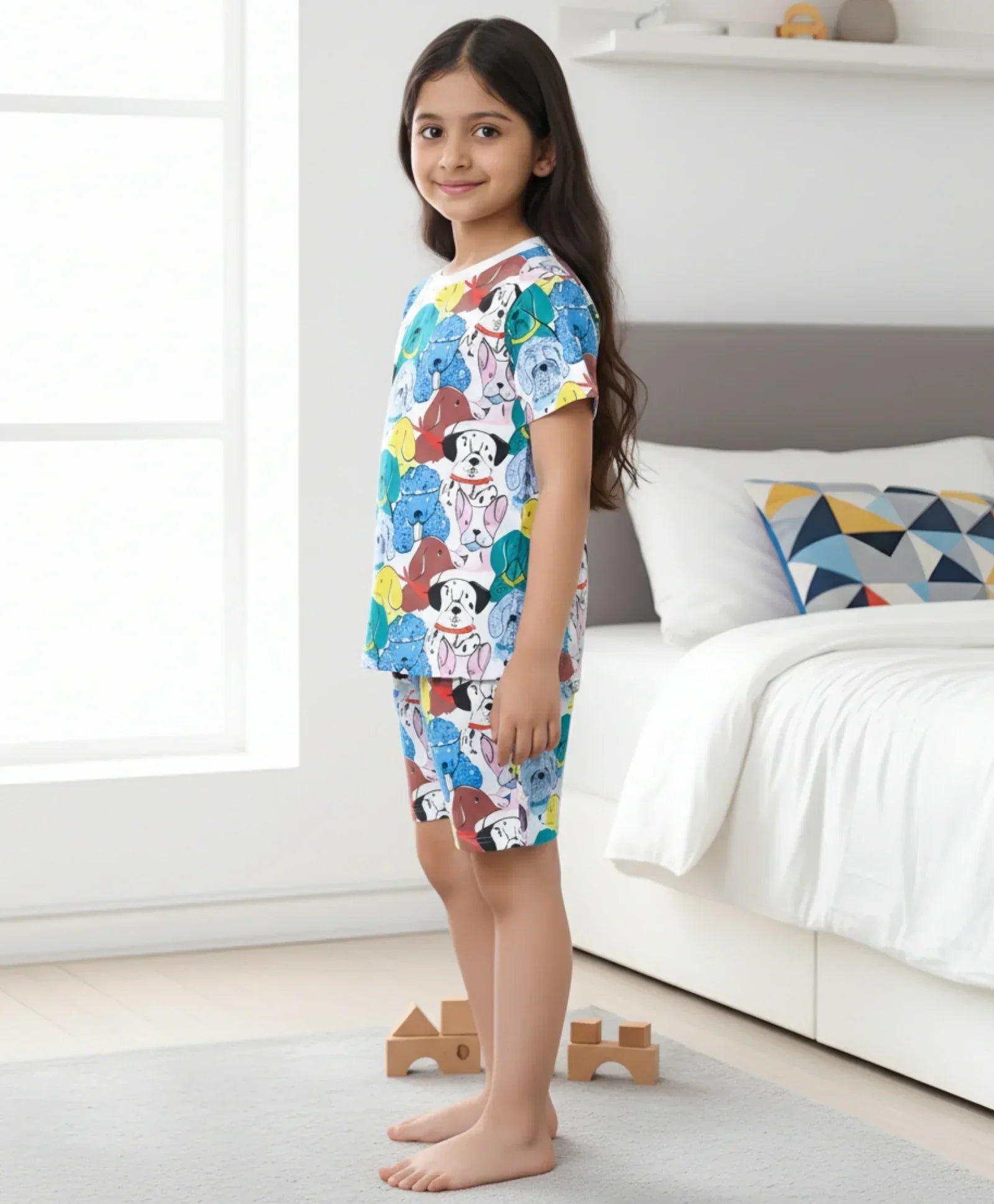 DOGS PRINT GIRLS SLEEPWEAR SHORT SET - WHITE