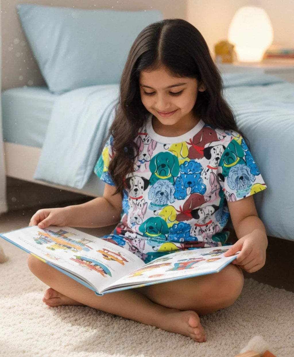 DOGS PRINT GIRLS SLEEPWEAR SHORT SET - WHITE
