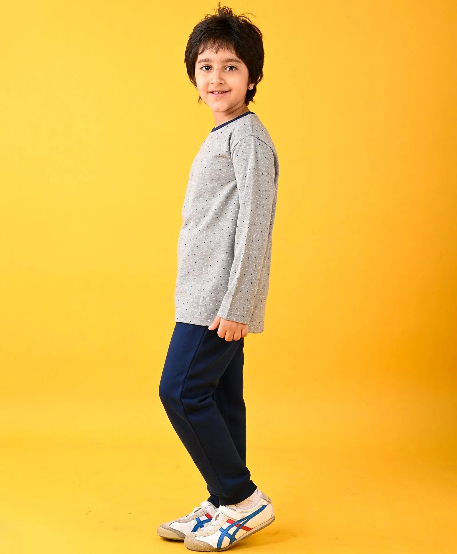 DOTTED GREY LONG SLEEVES T-SHIRT AND NAVY FLEECE JOGGER SET - GREY/NAVY