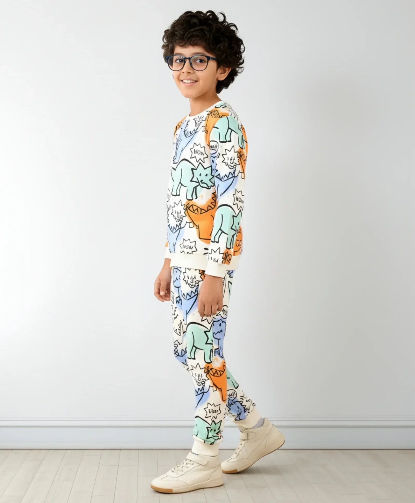 DINOSAUR WOW FUN FLEECE SWEATSHIRT JOGGER SET - WHITE