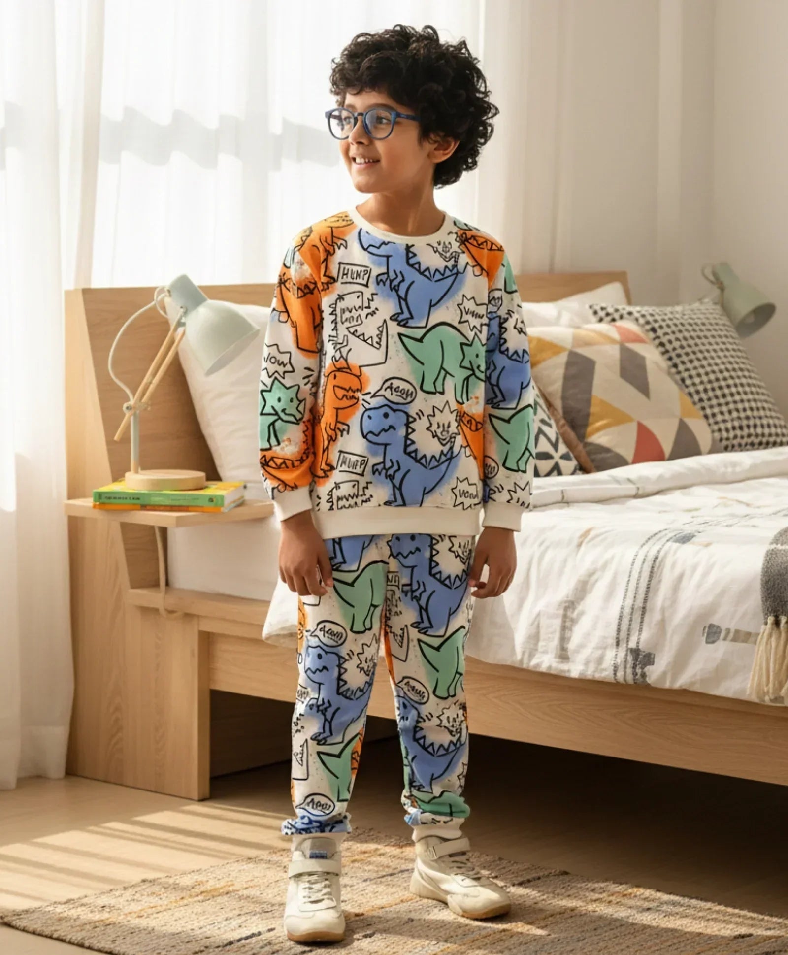 DINOSAUR WOW FUN FLEECE SWEATSHIRT JOGGER SET - WHITE