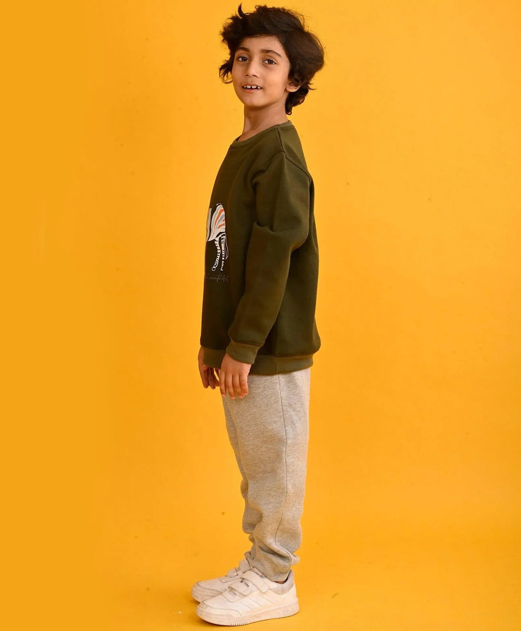 DARK OLIVE ZEBRA BOYS SWEATSHIRT GREY FLEECE JOGGER SET - OLIVE/GREY
