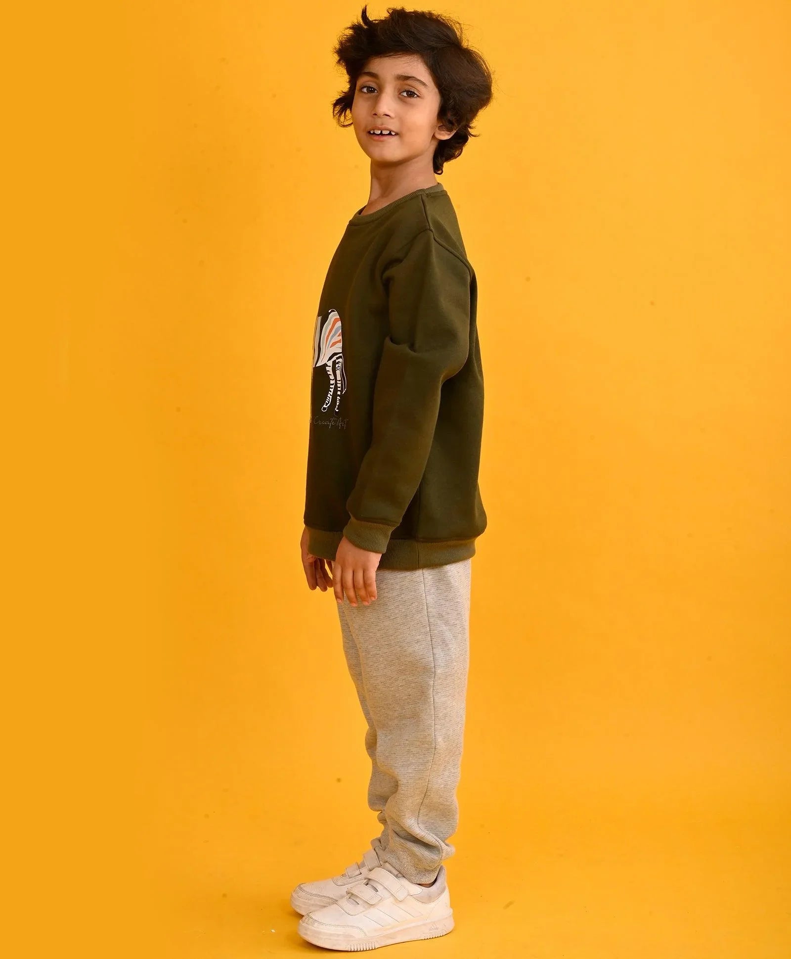 DARK OLIVE ZEBRA BOYS SWEATSHIRT GREY FLEECE JOGGER SET - OLIVE/GREY