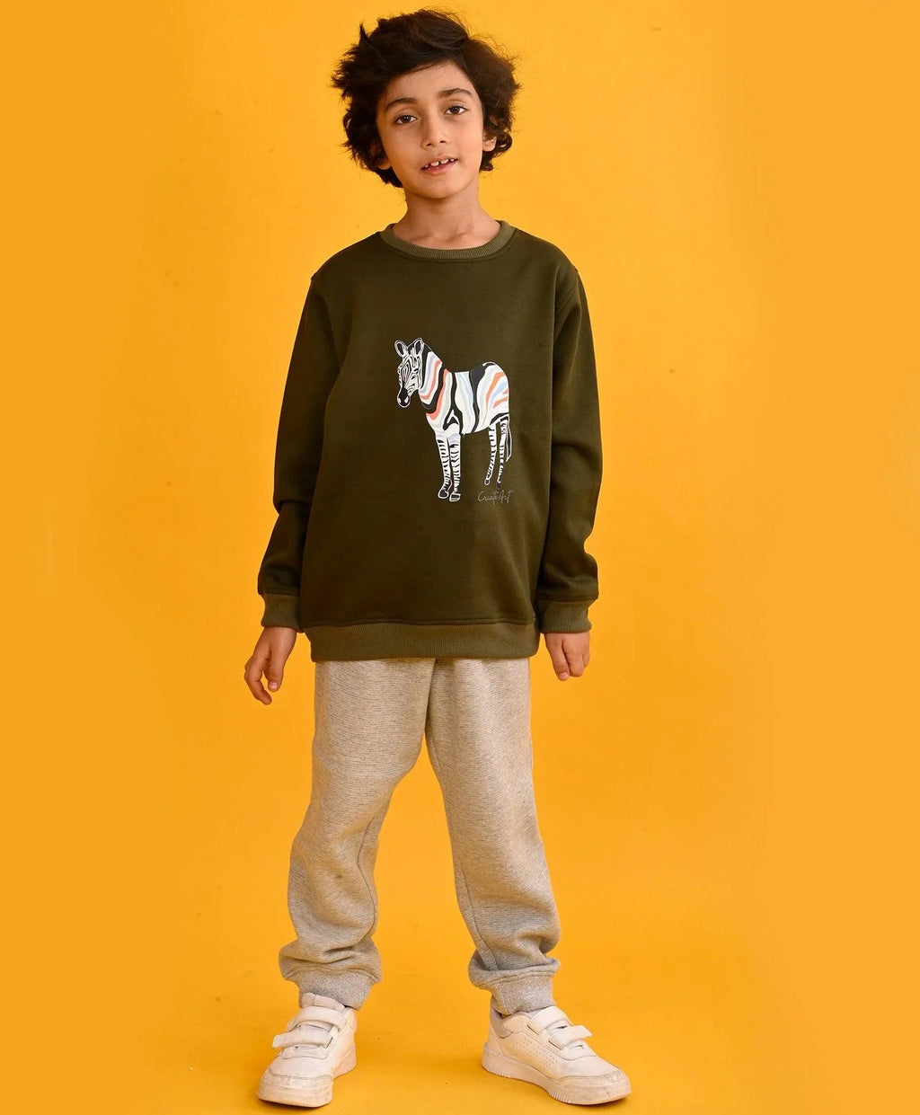 DARK OLIVE ZEBRA BOYS SWEATSHIRT GREY FLEECE JOGGER SET - OLIVE/GREY