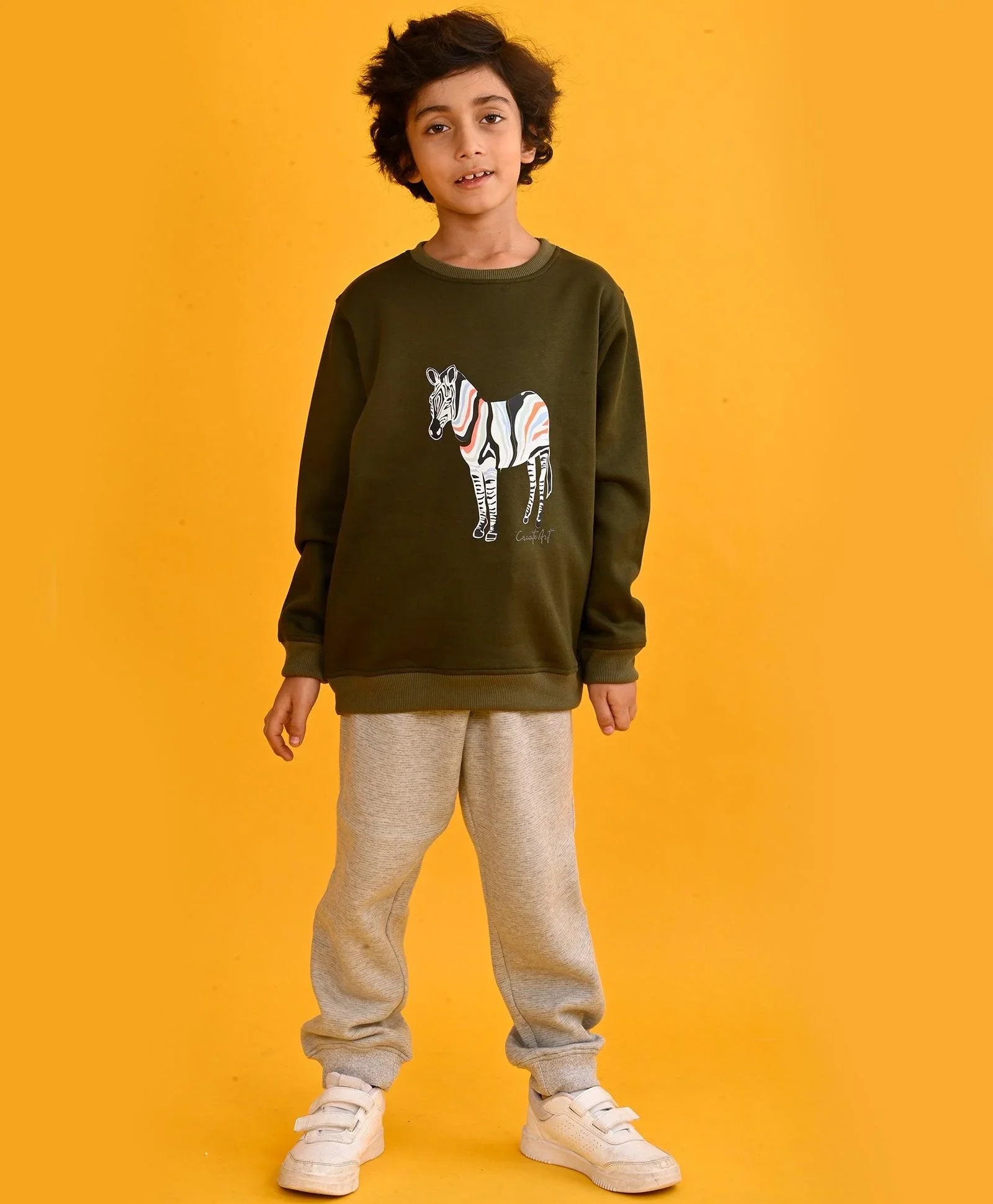 DARK OLIVE ZEBRA BOYS SWEATSHIRT GREY FLEECE JOGGER SET - OLIVE/GREY