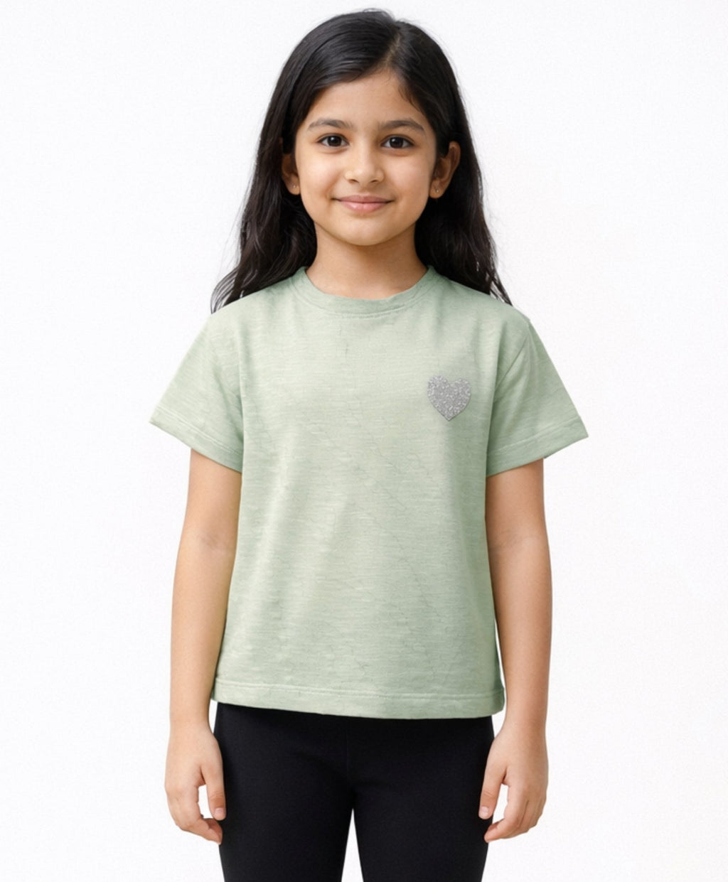 GREEN SILVER HEART SUMMER GIRLS SHORT SLEEVE T-SHIRT - GREEN