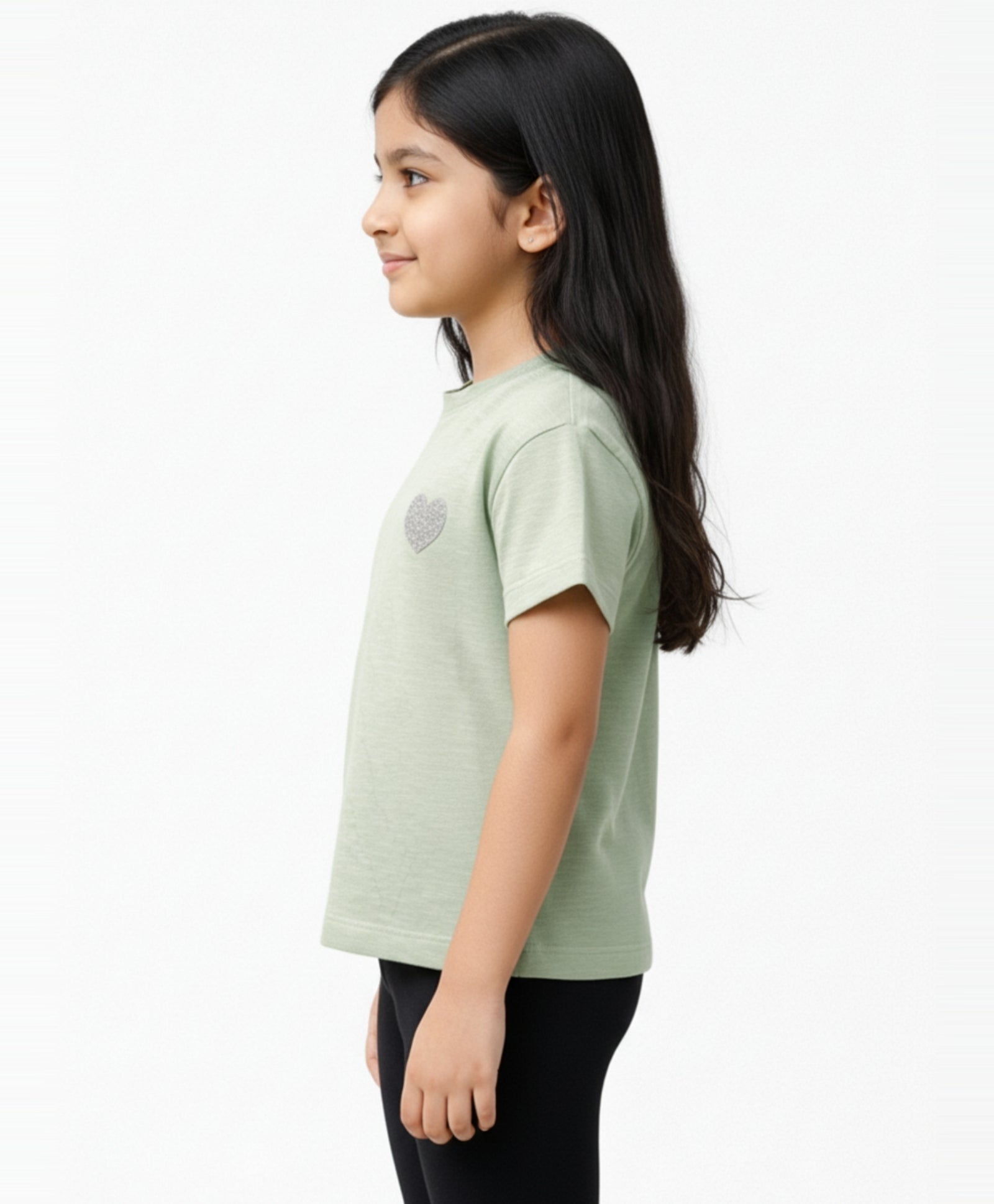 GREEN SILVER HEART SUMMER GIRLS SHORT SLEEVE T-SHIRT - GREEN