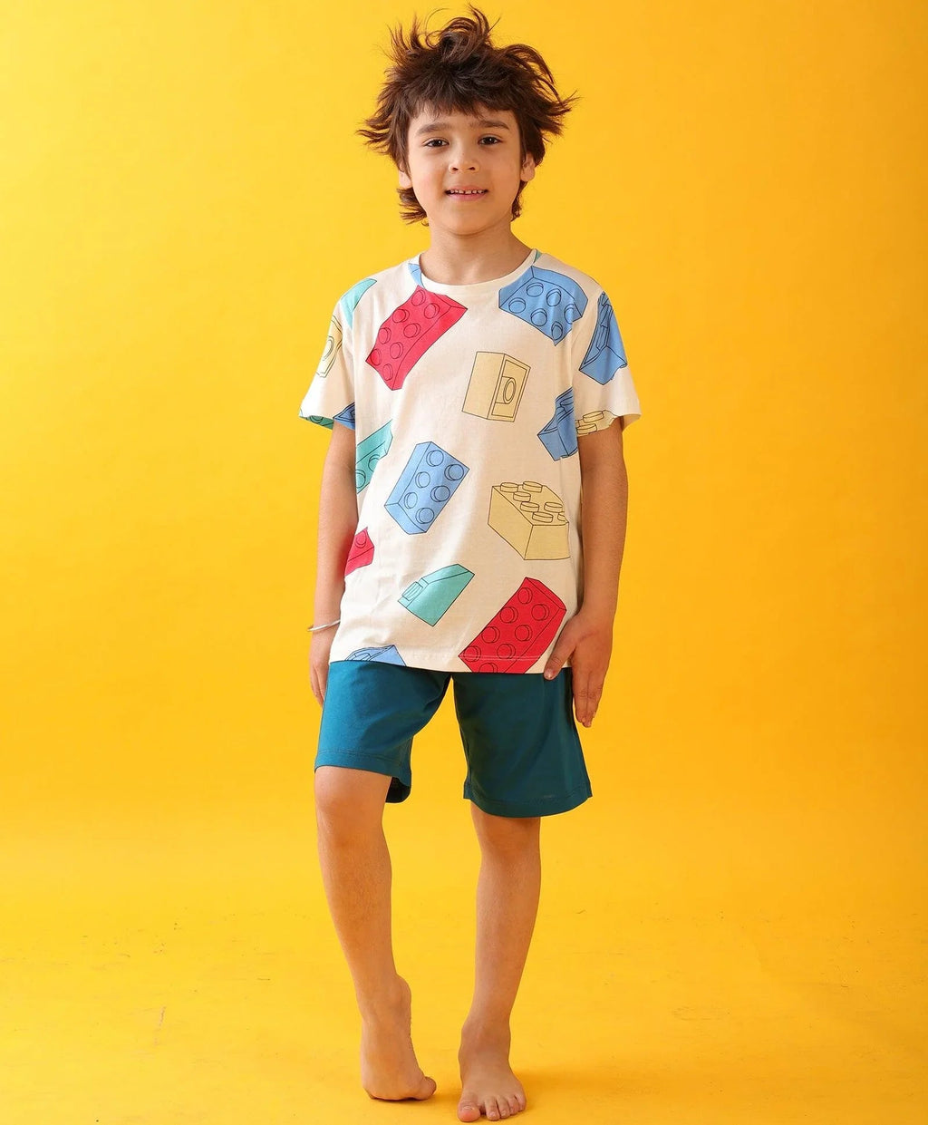 BLOCK BUILDER TEAL SLEEPWEAR SHORT SET - WHITE/TEAL
