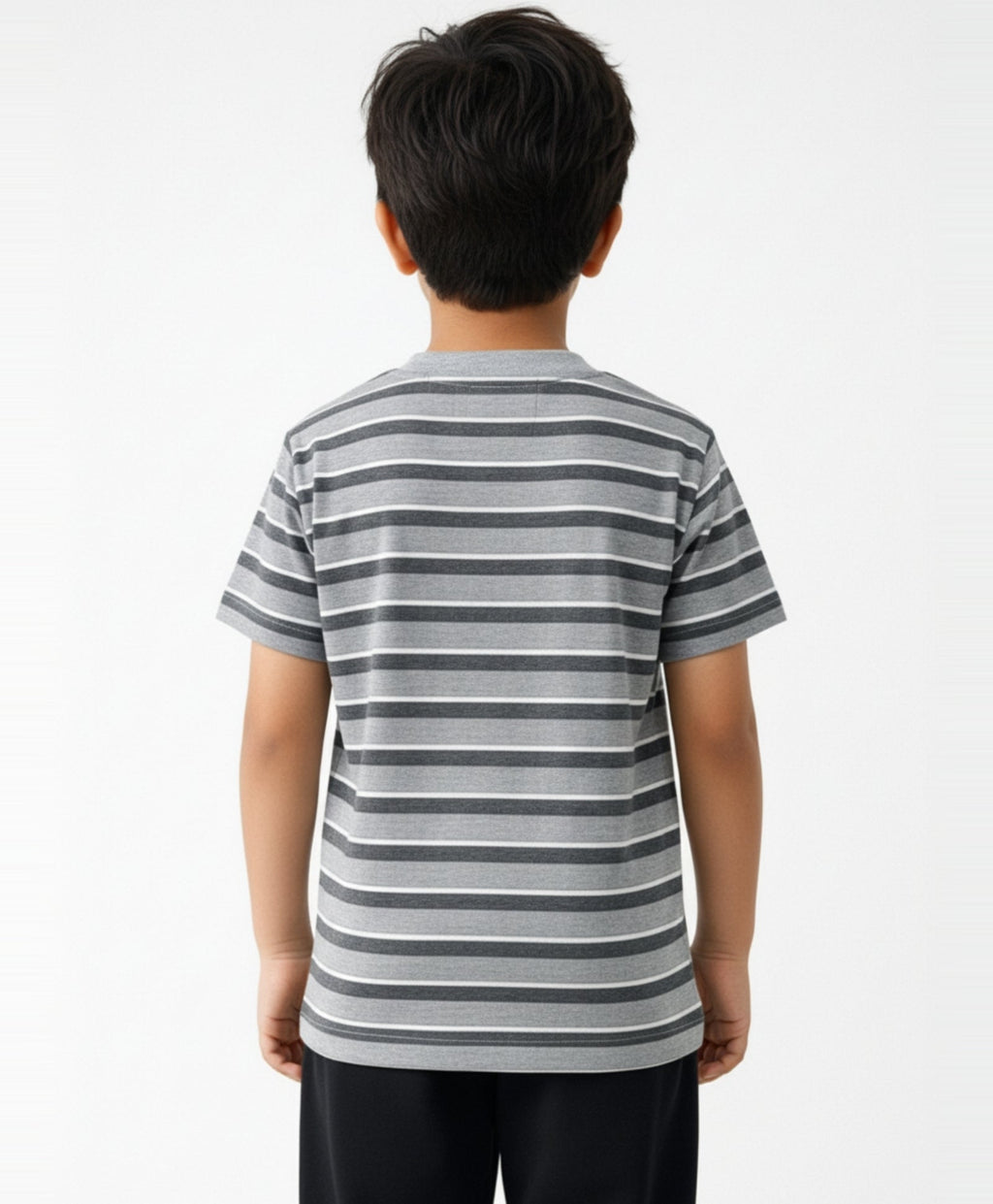 GREY MELANGE STRIPED SHORT SLEEVES BOYS T-SHIRT - GREY