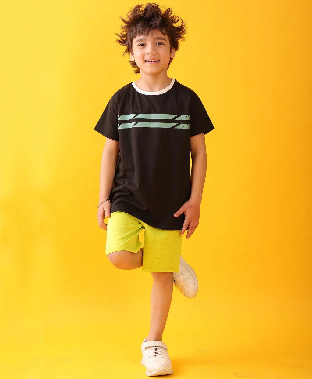 BLACK ENGLAND STRIPED LIME BOYS SHORTS SET - BLACK/LIME