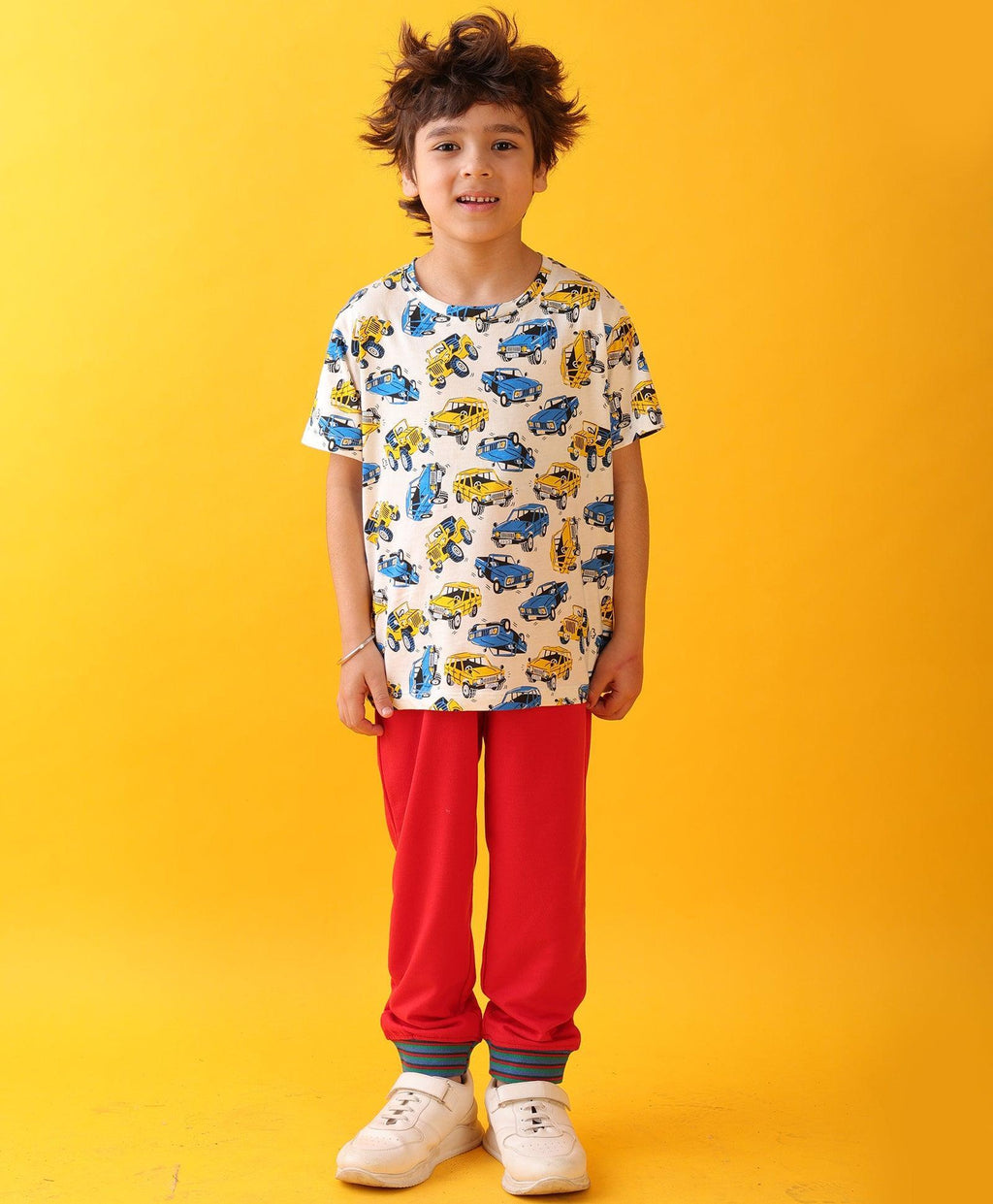 CARS PRINT SUMMER RED RIB BOYS JOGGER SET - WHITE/RED