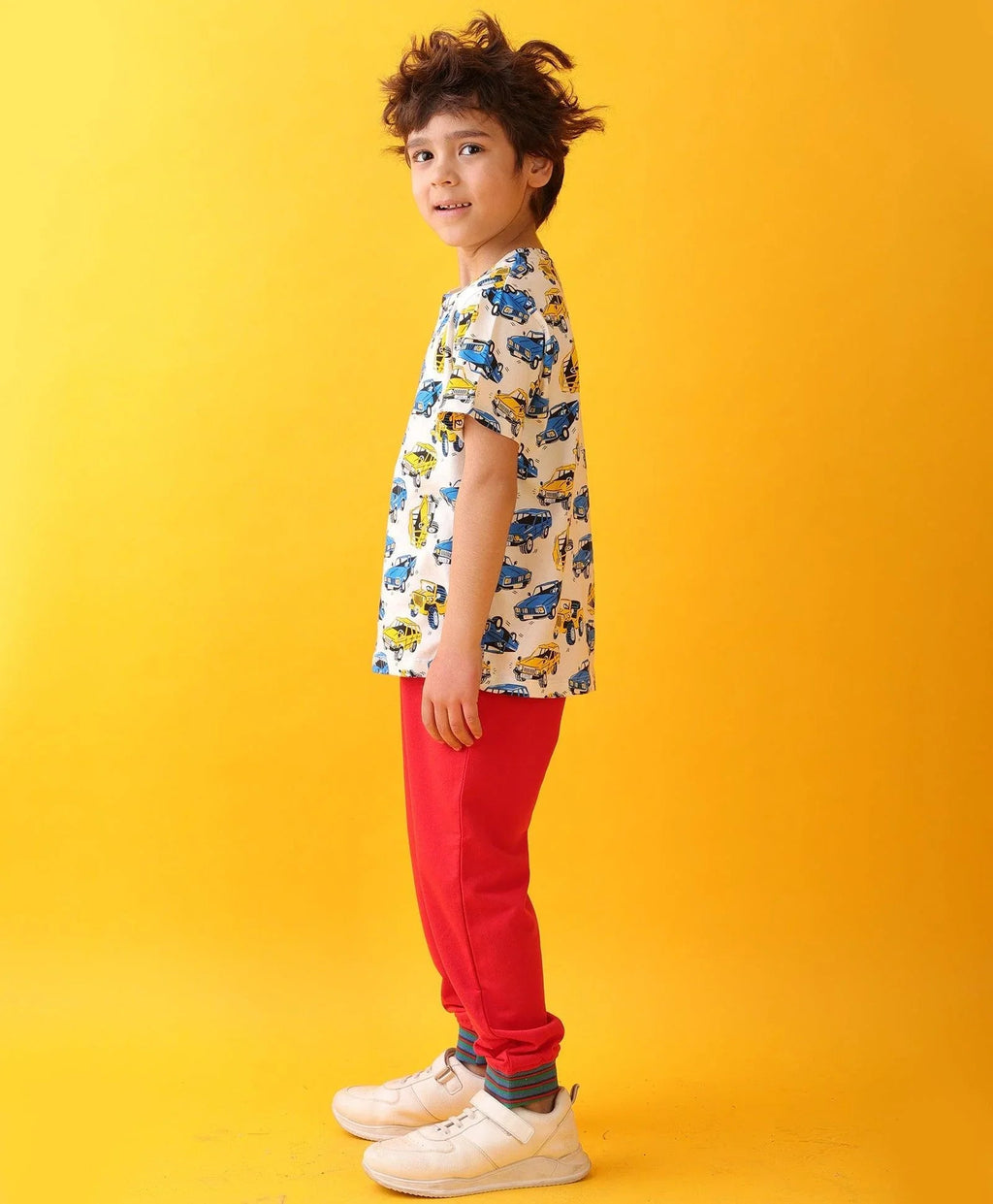 CARS PRINT SUMMER RED RIB BOYS JOGGER SET - WHITE/RED