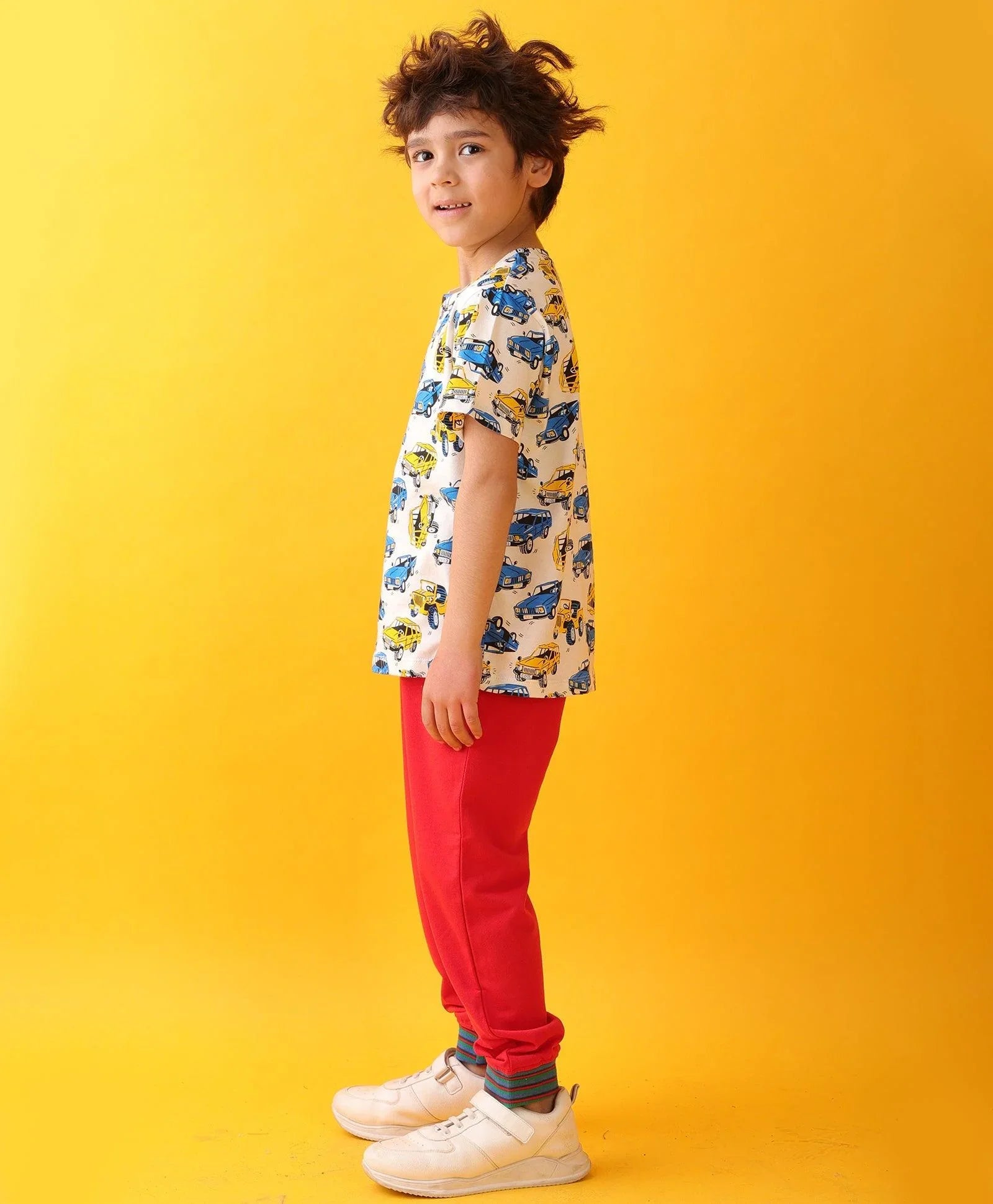 CARS PRINT SUMMER RED RIB BOYS JOGGER SET - WHITE/RED