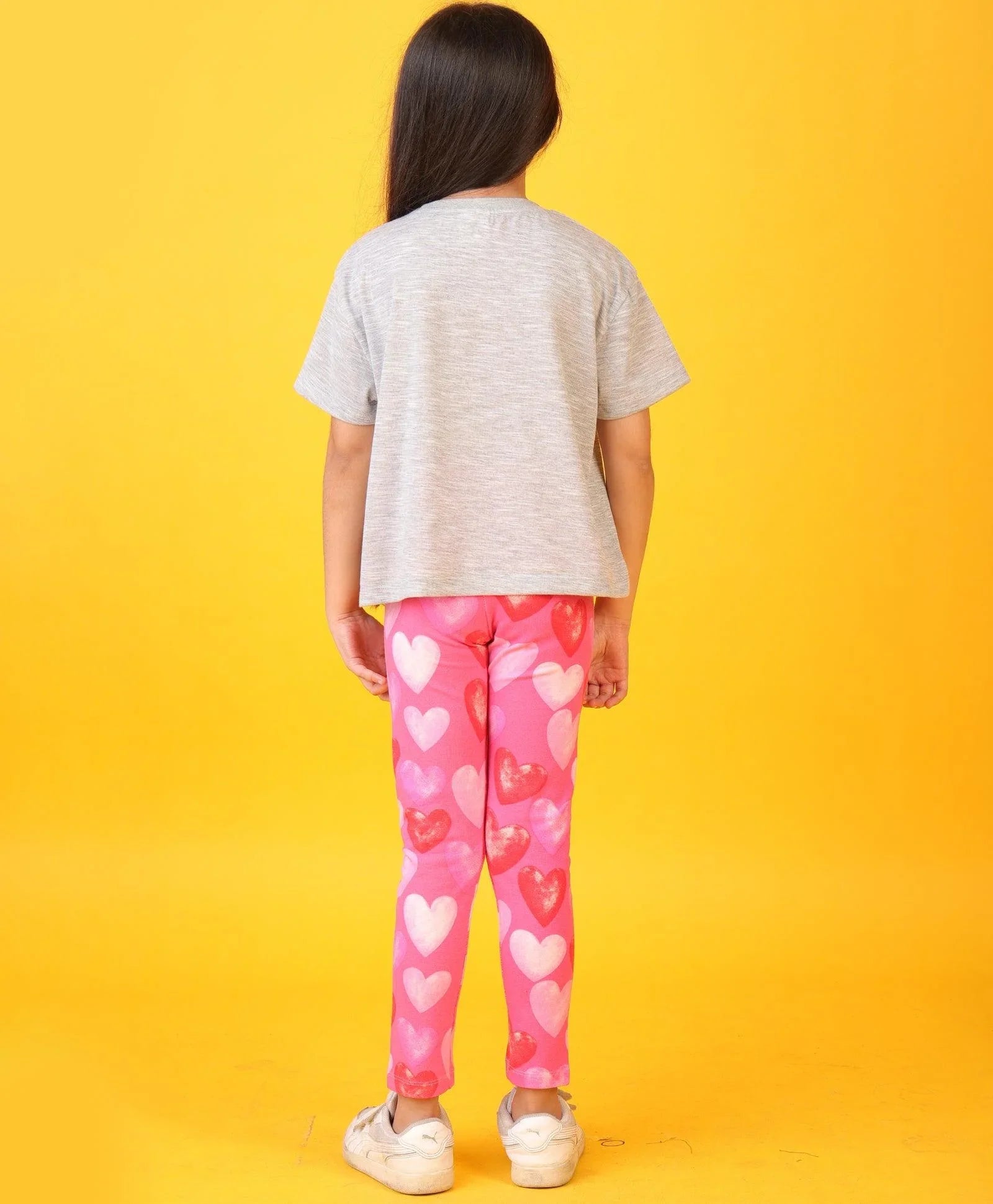 GREY TEXTURED PINK HEART LEGGINGS SET - GREY/PINK