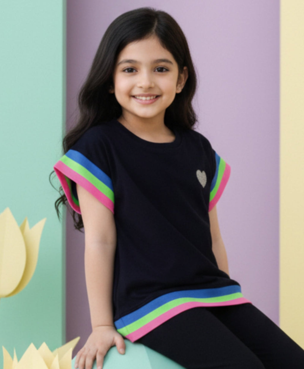 BLACK HEART FUN CAP SLEEVES SUMMER T-SHIRT - BLACK