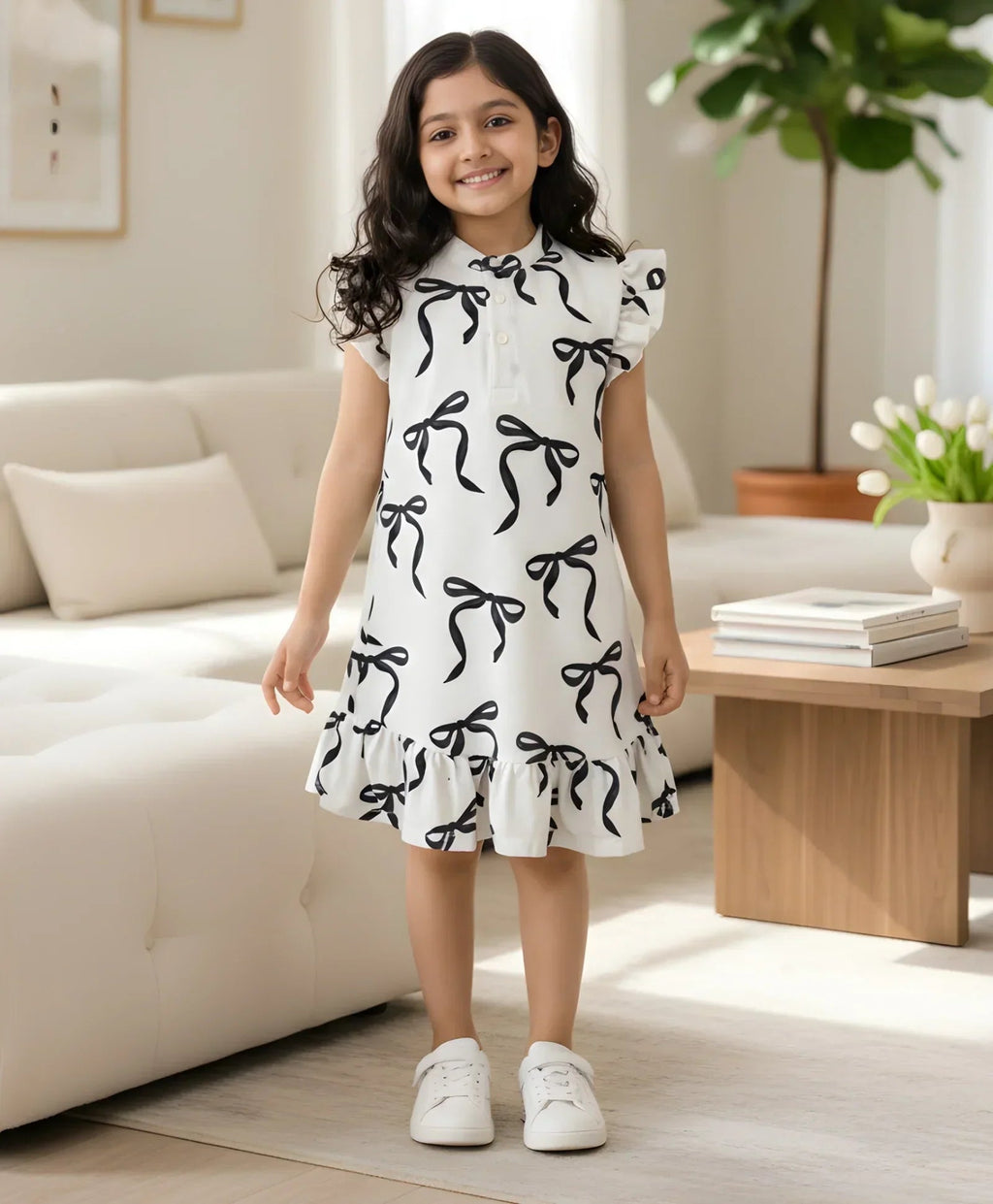 BLACK BOW FRILL SUMMER DRESS - OFF WHITE