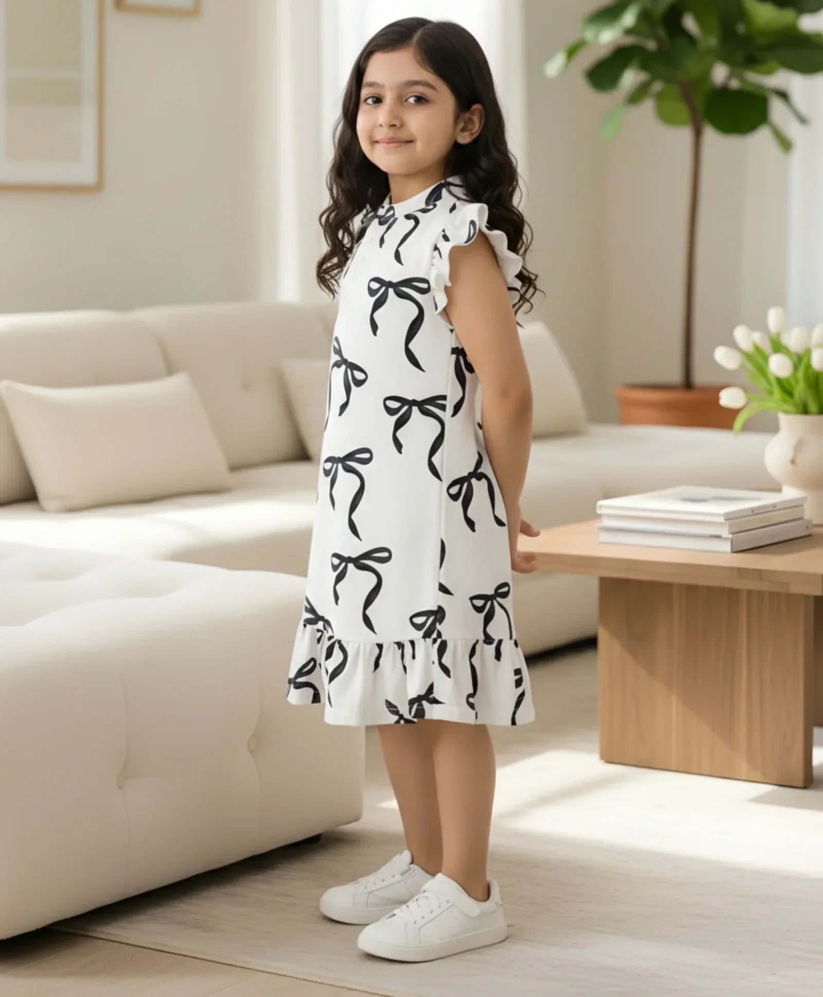 BLACK BOW FRILL SUMMER DRESS - OFF WHITE